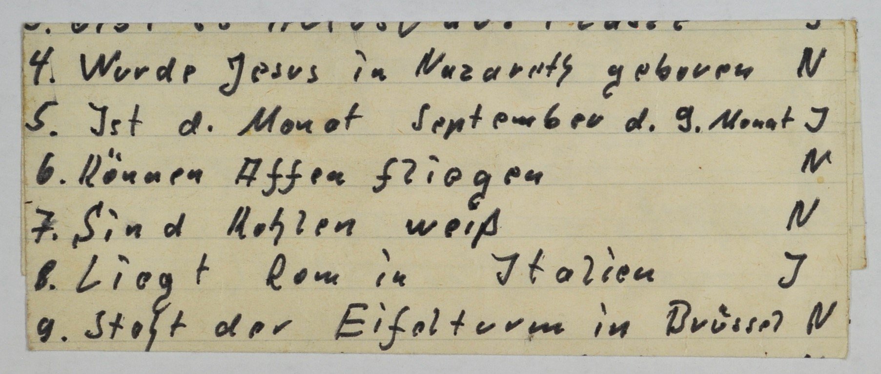 Zettel mit Notizen zu einem Quiz für die Junge Gemeinde von Hans-Peter Freimark (DDR Geschichtsmuseum im Dokumentationszentrum Perleberg CC BY-SA)