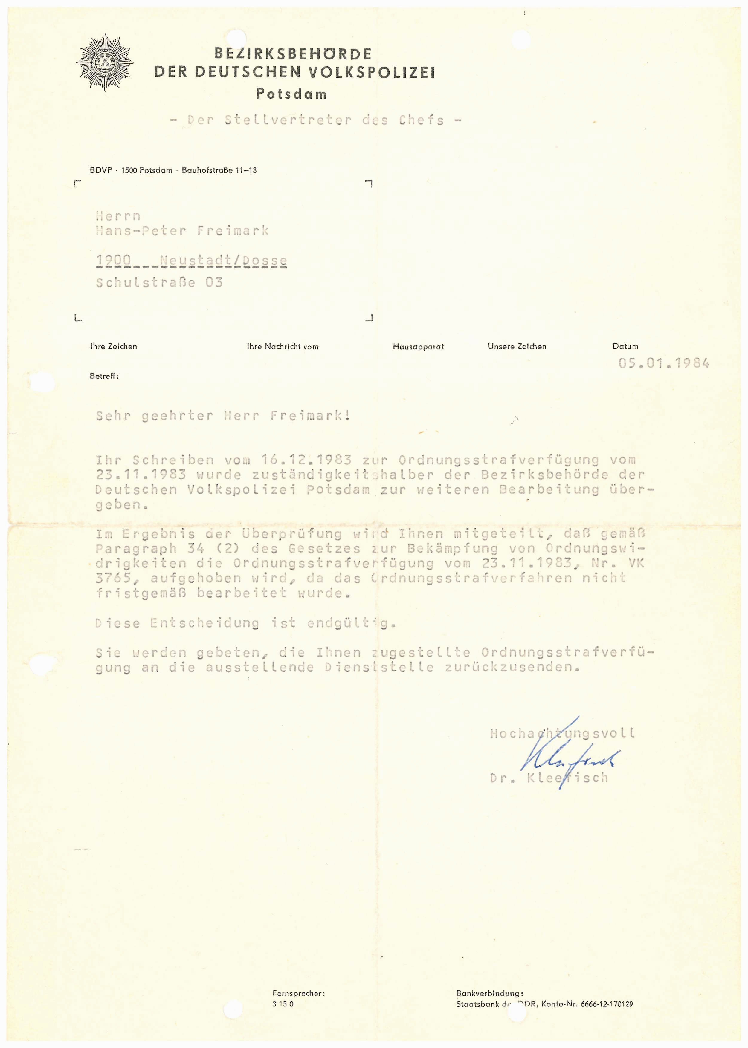 Brief von Dr. Kleefisch, Bezirksbehörde der Volkspolizei Potsdam, an Hans-Peter Freimark (DDR Geschichtsmuseum im Dokumentationszentrum Perleberg CC BY-SA)