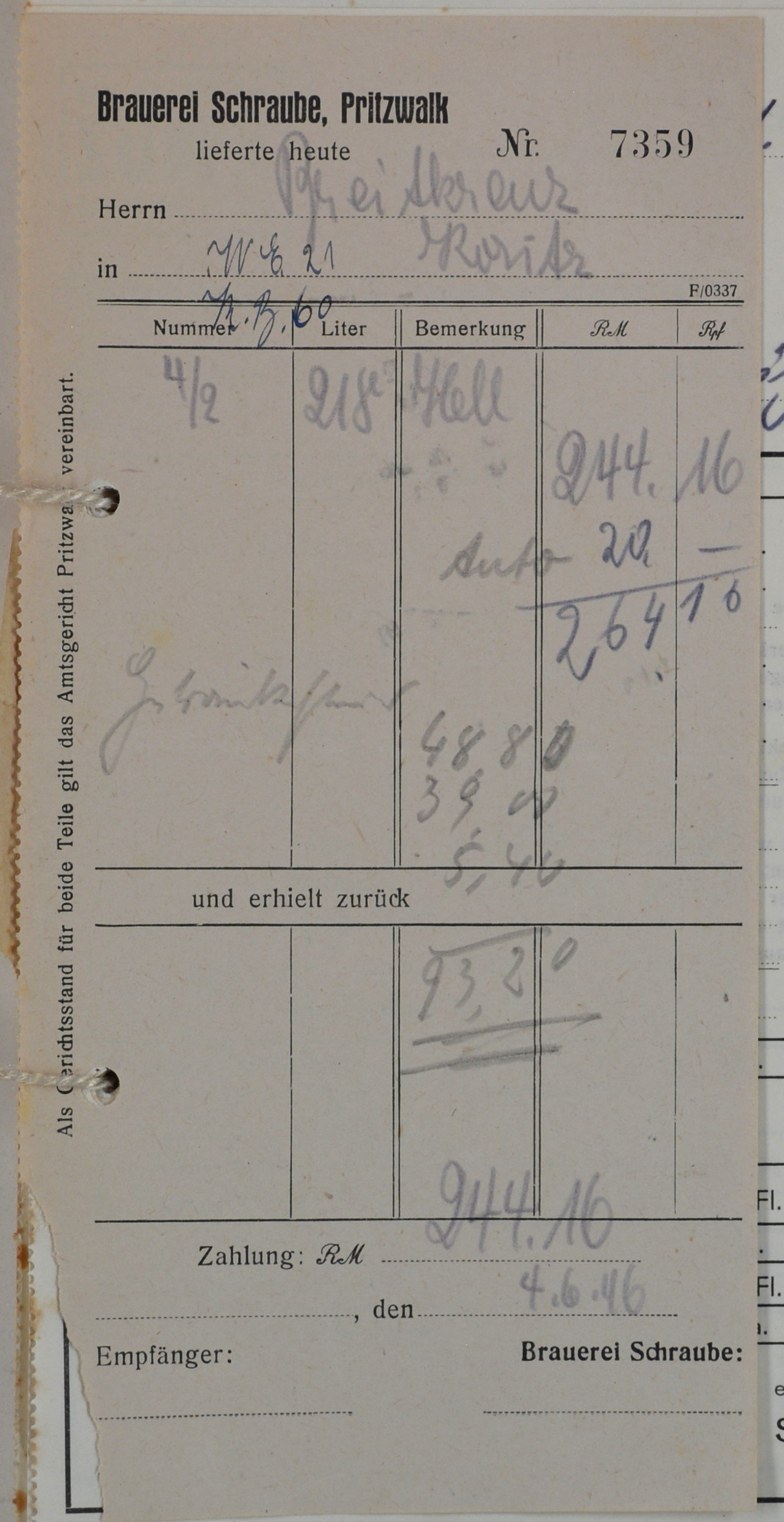 Rechnung von der Brauerei Schraube aus Pritzwalk für Wilhelm Breitkreuz (DDR Geschichtsmuseum im Dokumentationszentrum Perleberg CC BY-SA)