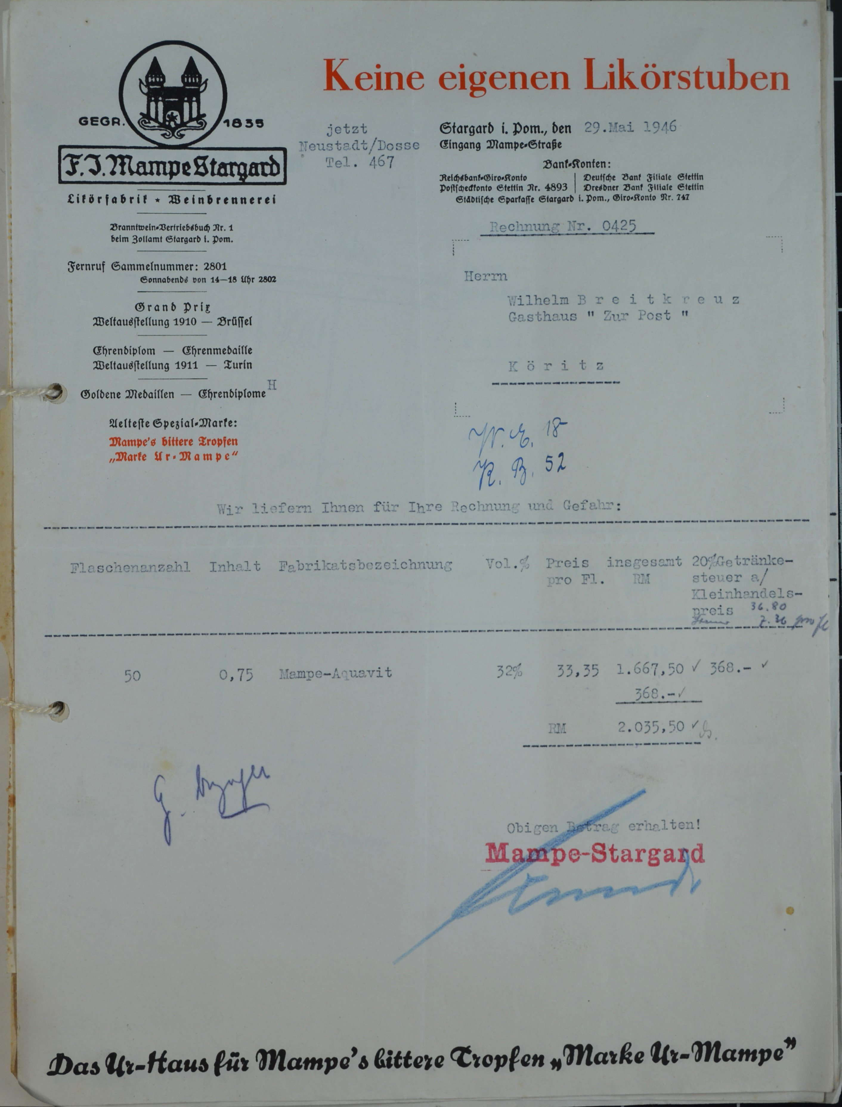 Rechnung von F. J. Mampe Stargard aus Neustadt (Dosse) für Wilhelm Breitkreuz (DDR Geschichtsmuseum im Dokumentationszentrum Perleberg CC BY-SA)