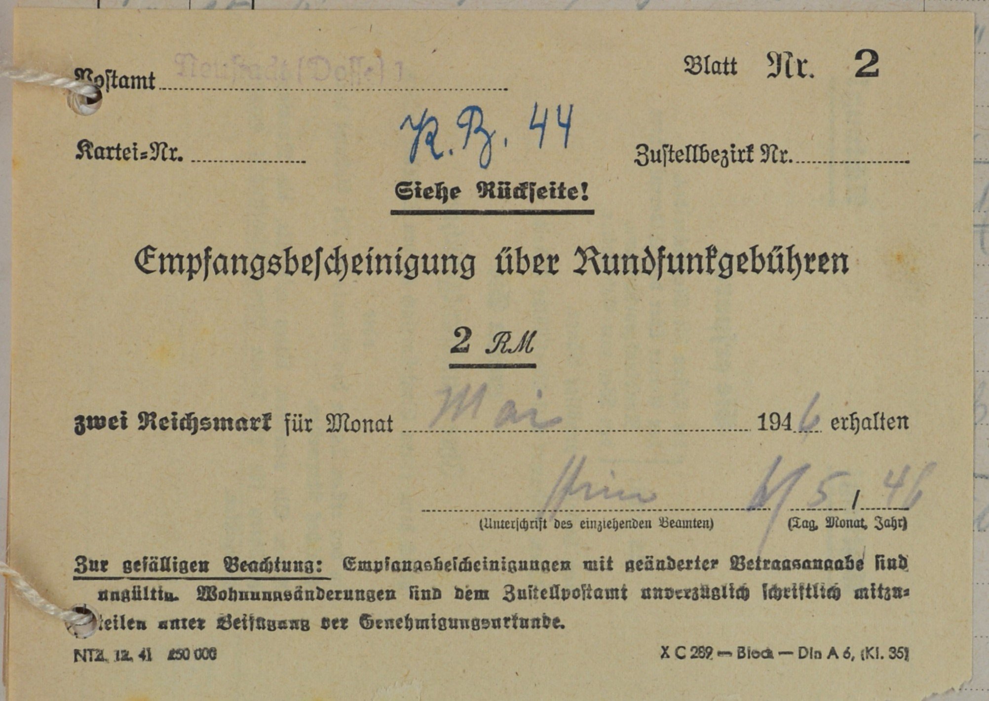 Empfangsbescheinigung von der Gebührenstelle für Wilhelm Breitkreuz (DDR Geschichtsmuseum im Dokumentationszentrum Perleberg CC BY-SA)