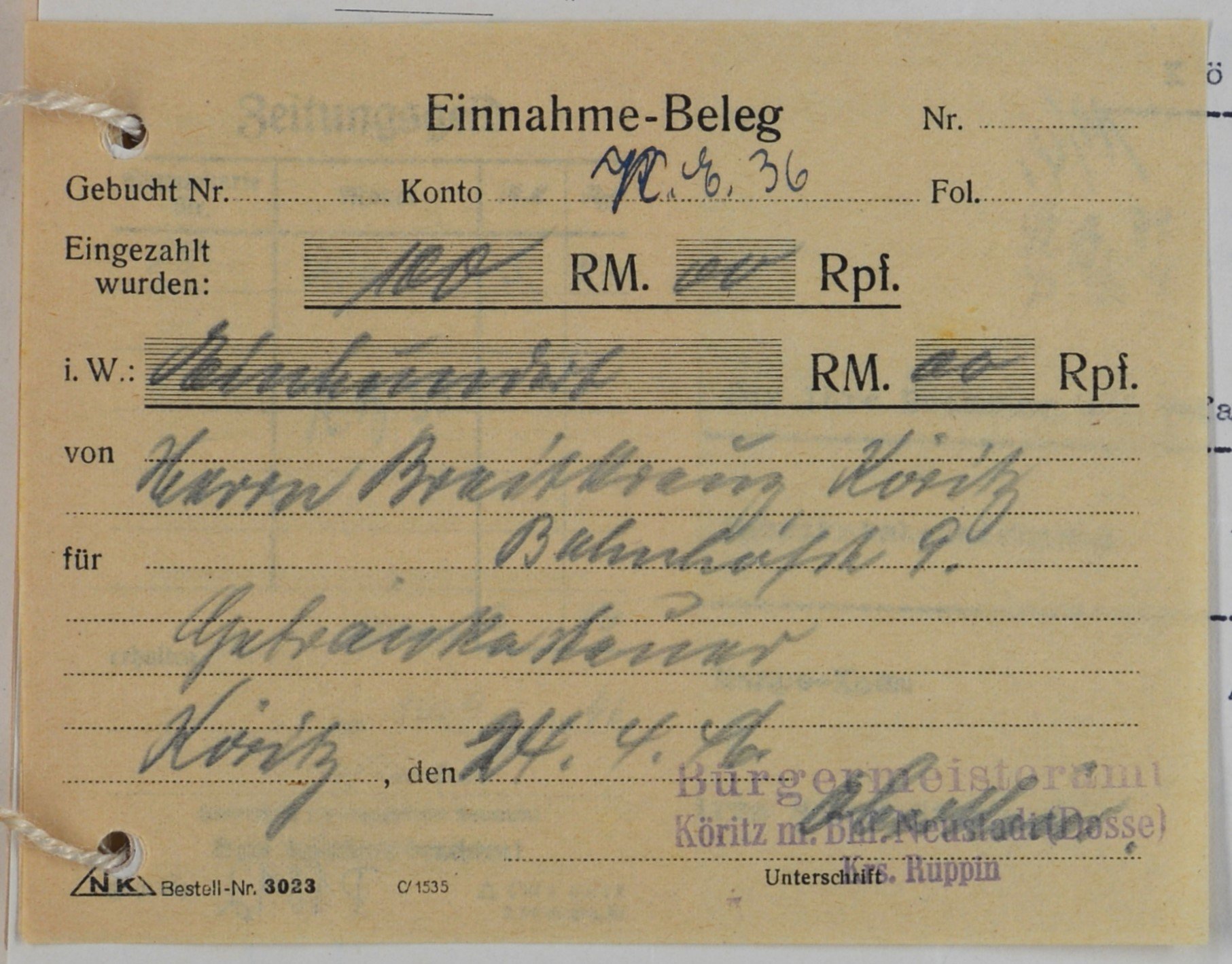 Einnahmebeleg von dem Bürgermeisteramt zu Köritz für Wilhelm Breitkreuz (DDR Geschichtsmuseum im Dokumentationszentrum Perleberg CC BY-SA)