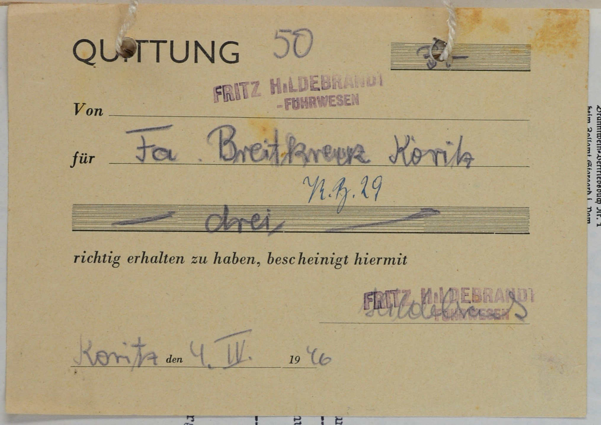 Quittung von Spedition-Fuhrgeschäft Fritz Hildebrandt aus Köritz für Wilhelm Breitkreuz (DDR Geschichtsmuseum im Dokumentationszentrum Perleberg CC BY-SA)