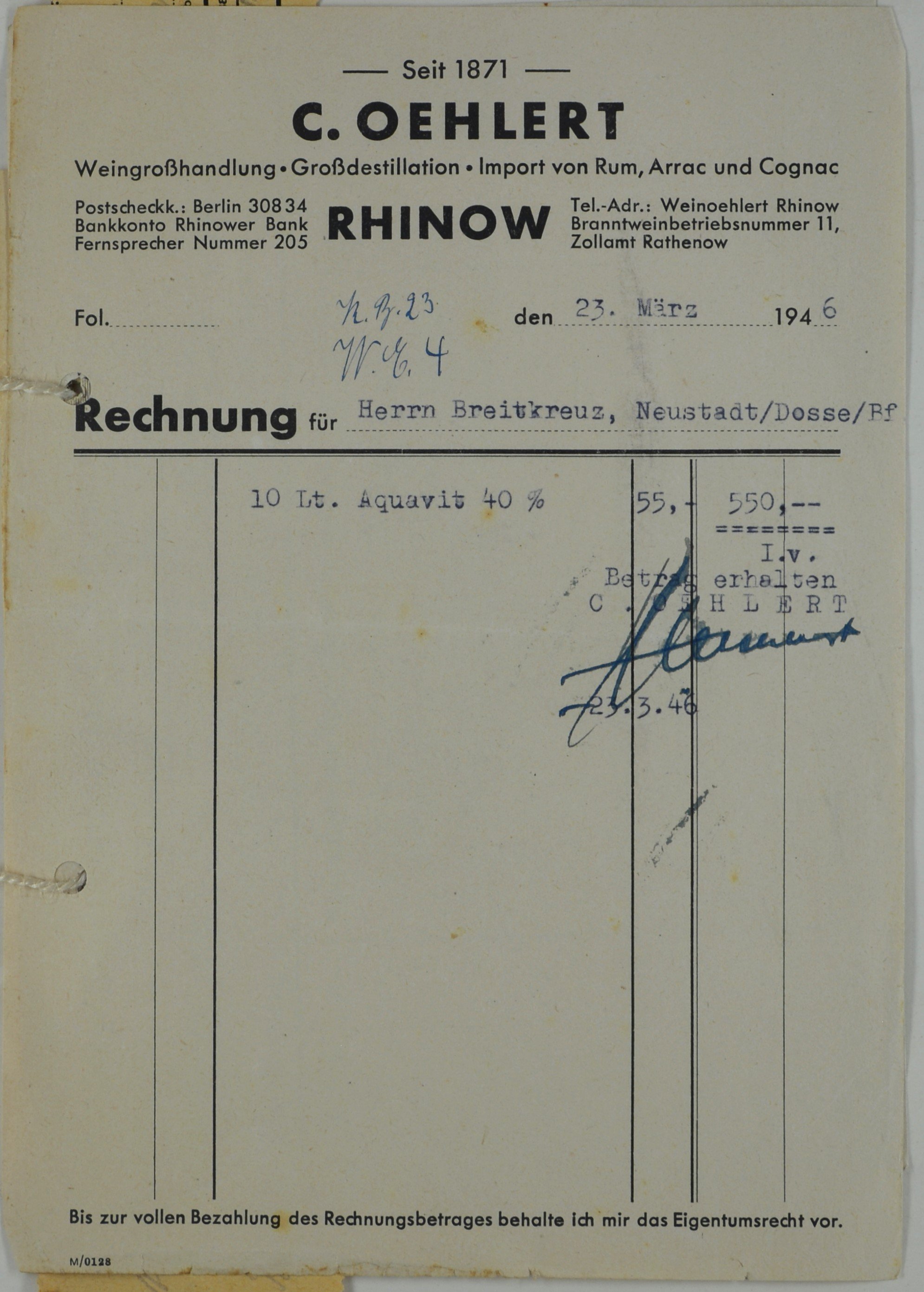 Rechnung von der Getränkehandlung C. Oehlert aus Rhinow für Wilhelm Breitkreuz (DDR Geschichtsmuseum im Dokumentationszentrum Perleberg CC BY-SA)