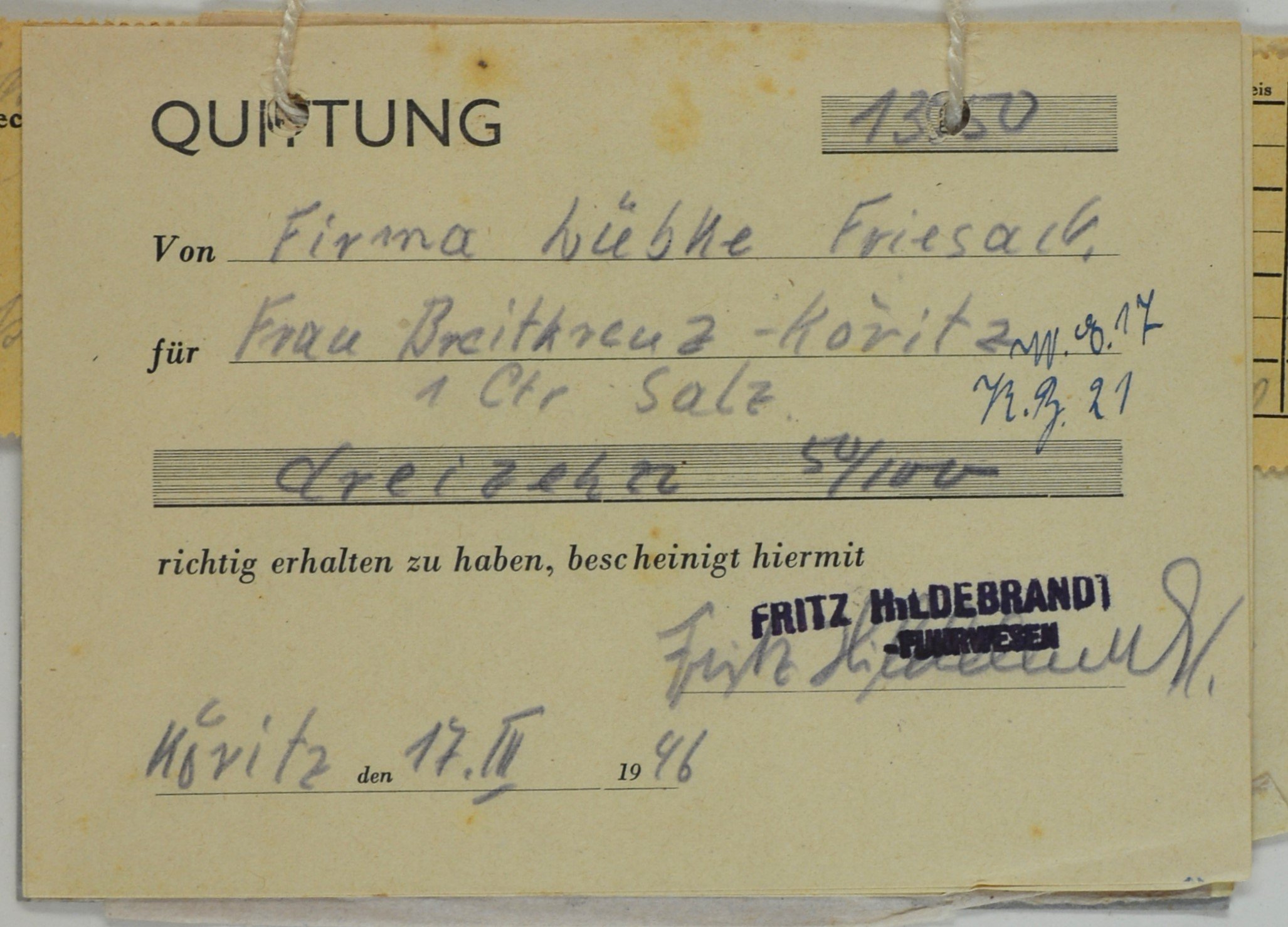Quittung von Spedition-Fuhrgeschäft Fritz Hildebrandt aus Köritz für Else Breitkreuz (DDR Geschichtsmuseum im Dokumentationszentrum Perleberg CC BY-SA)