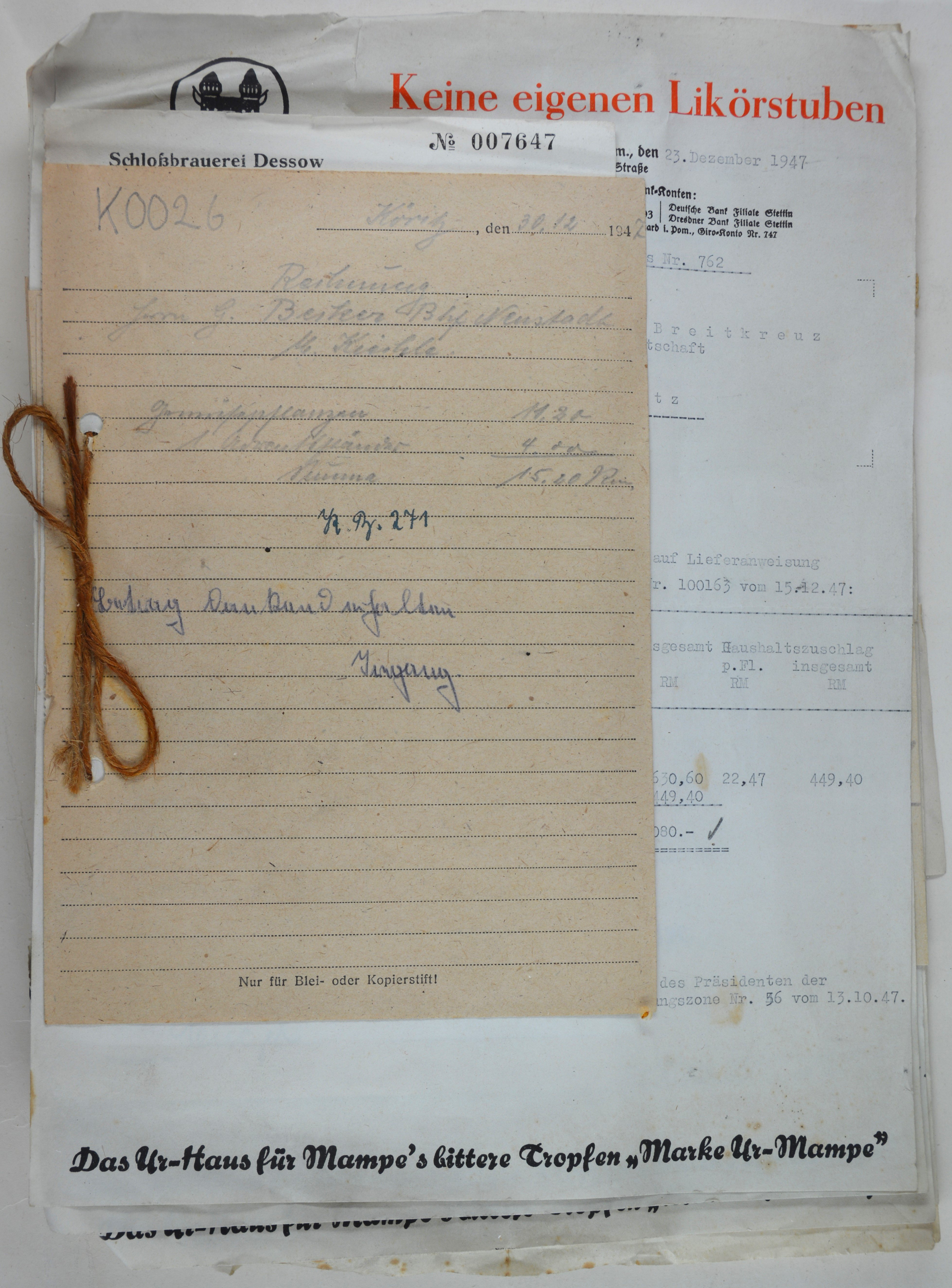 Rechnungen für Wilhelm und Else Breitkreuz aus dem Jahr 1947 (DDR Geschichtsmuseum im Dokumentationszentrum Perleberg CC BY-SA)