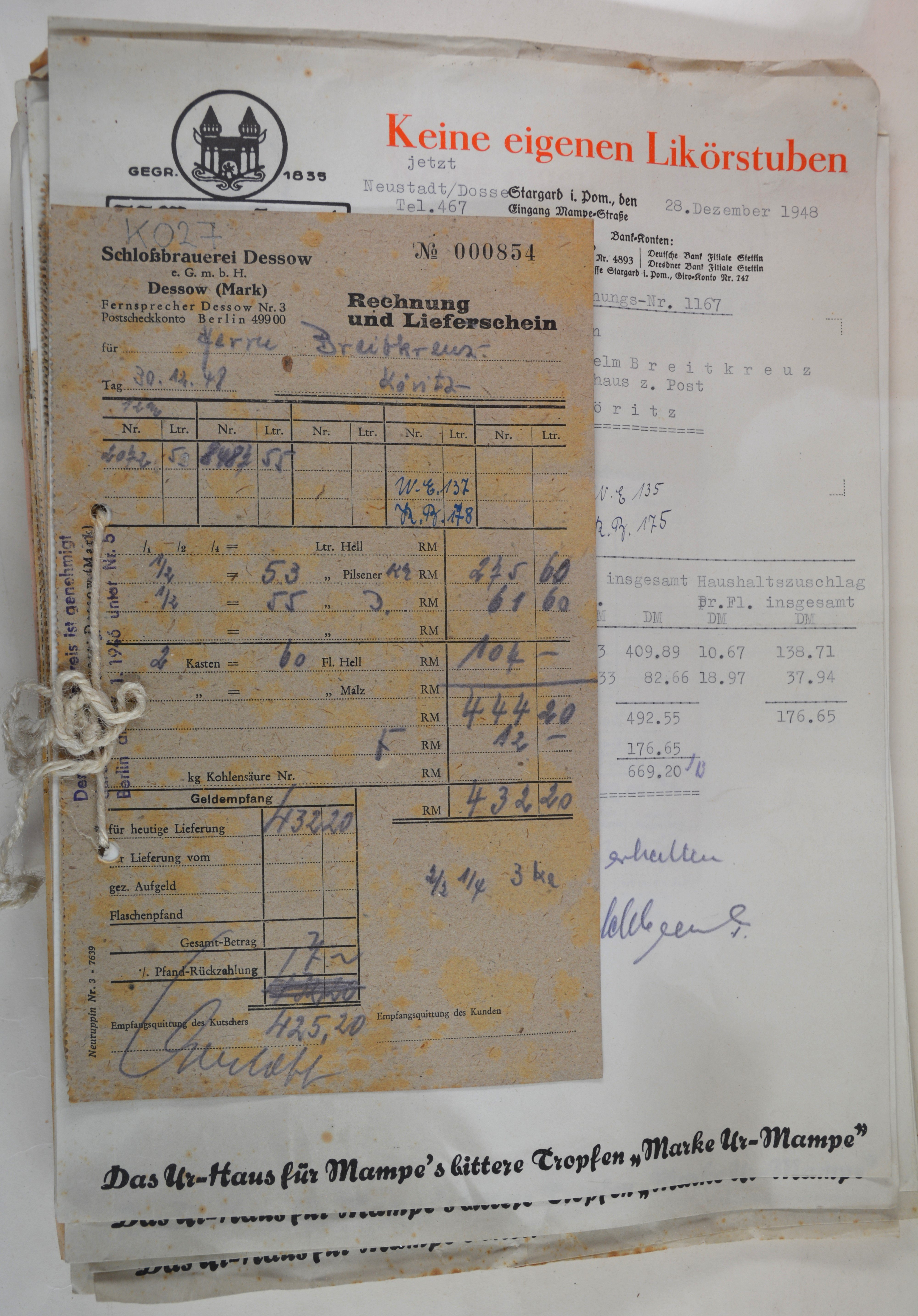 Rechnungen für Wilhelm und Else Breitkreuz aus dem Jahr 1948, Band 1 (DDR Geschichtsmuseum im Dokumentationszentrum Perleberg CC BY-SA)