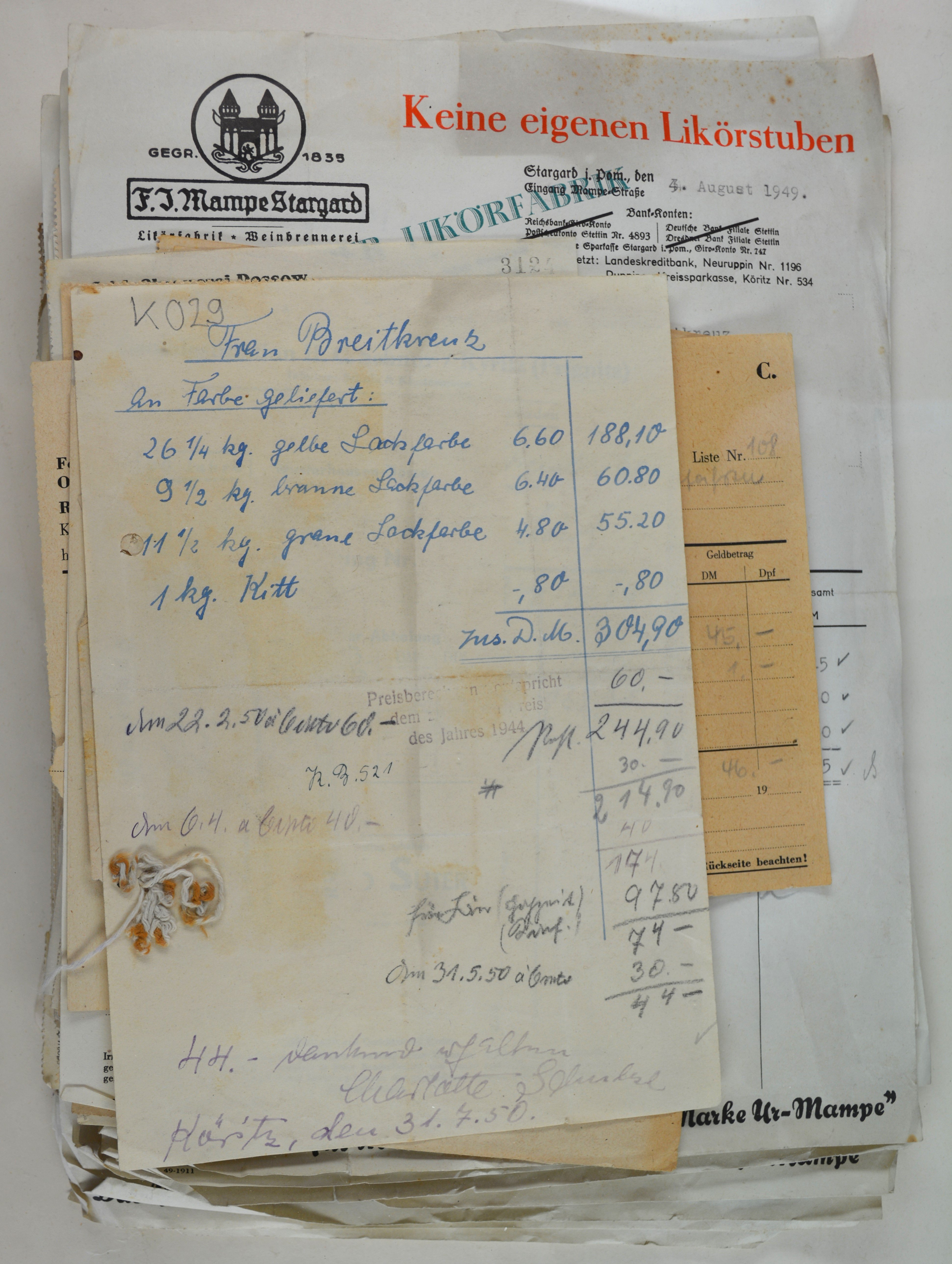 Rechnungen für Wilhelm und Else Breitkreuz aus dem Jahr 1949 (DDR Geschichtsmuseum im Dokumentationszentrum Perleberg CC BY-SA)