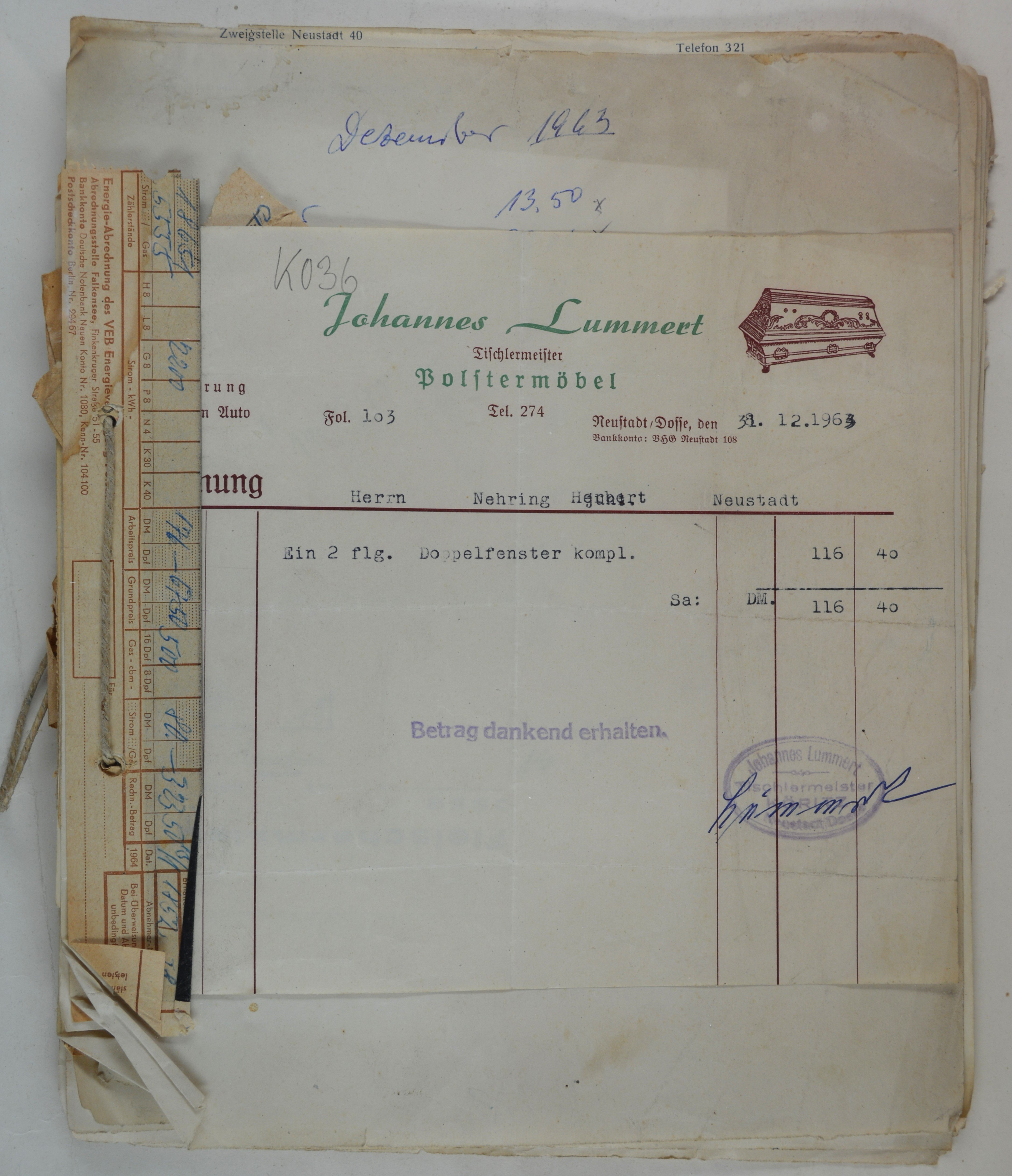 Rechnungen für die Handelsorganisation Nehring aus den Jahren 1963-1970 (DDR Geschichtsmuseum im Dokumentationszentrum Perleberg CC BY-SA)