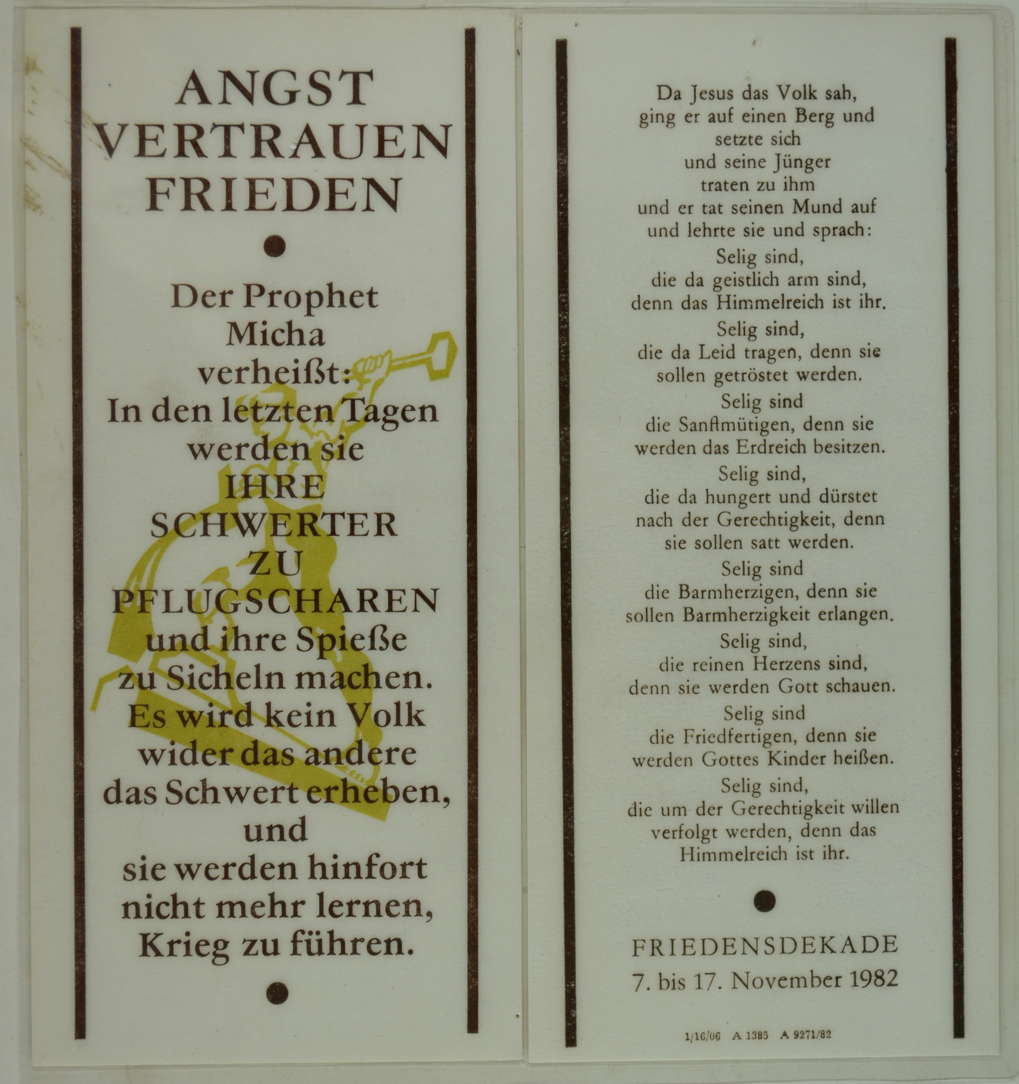 Friedensdekade '82: "Angst Vertrauen Frieden" (DDR Geschichtsmuseum im Dokumentationszentrum Perleberg CC BY-SA)