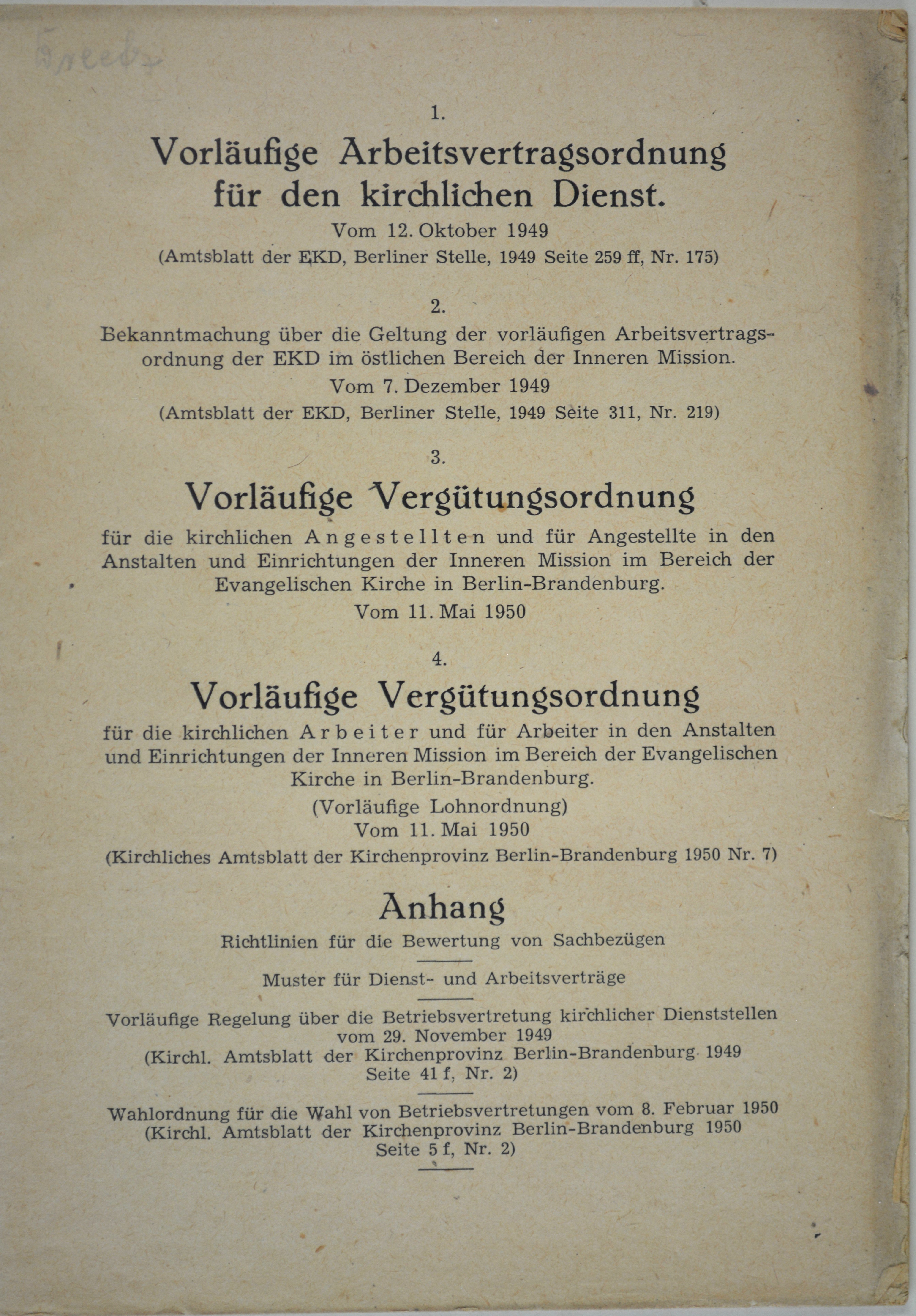 Broschüre: Vorläufige Arbeitsvertragsordnung für den kirchlichen Dienst vom 12. Oktober 1949 (DDR Geschichtsmuseum im Dokumentationszentrum Perleberg CC BY-SA)