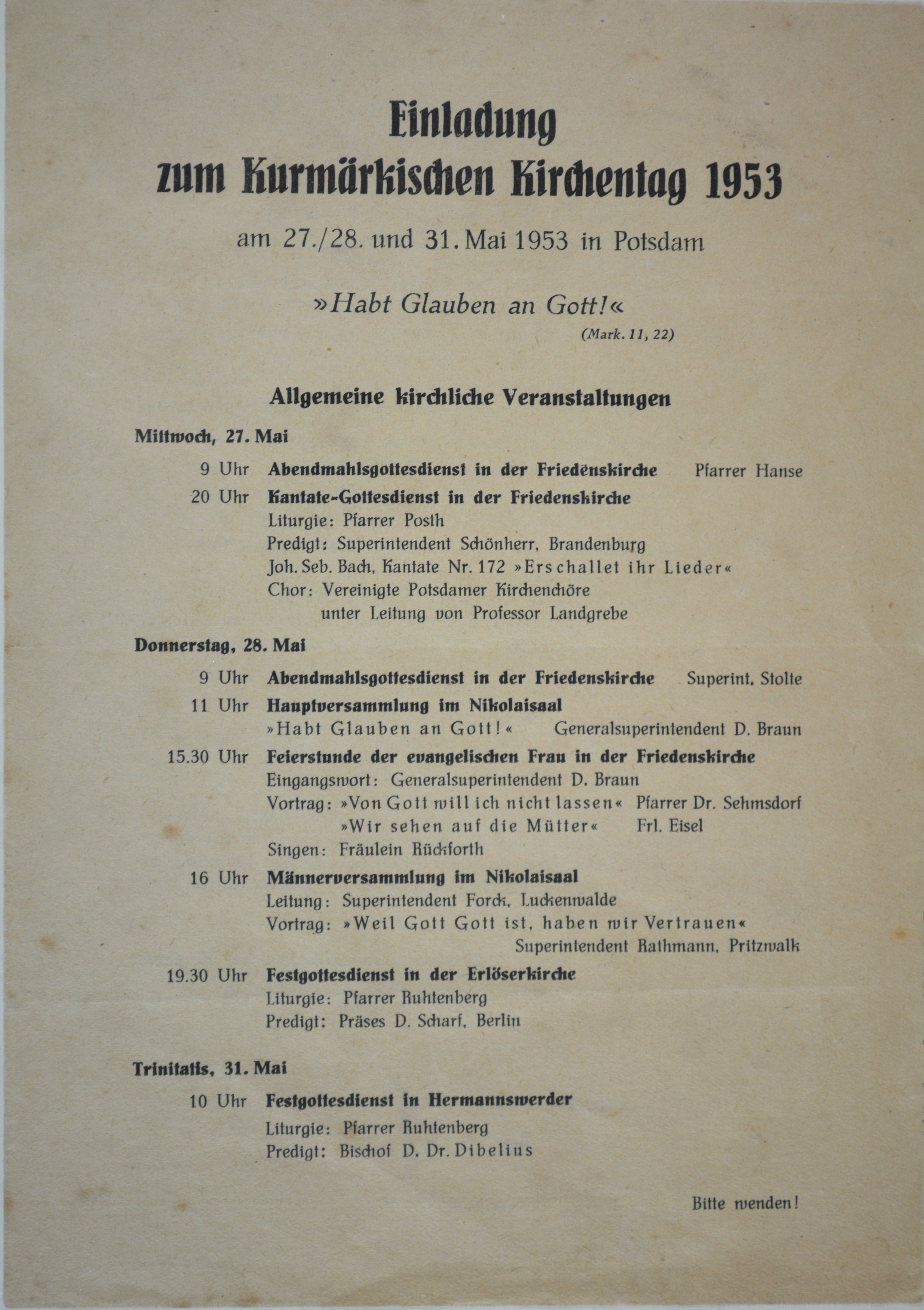 Einladung zum Kurmärkischen Kirchentag 1953 (DDR Geschichtsmuseum im Dokumentationszentrum Perleberg CC BY-SA)