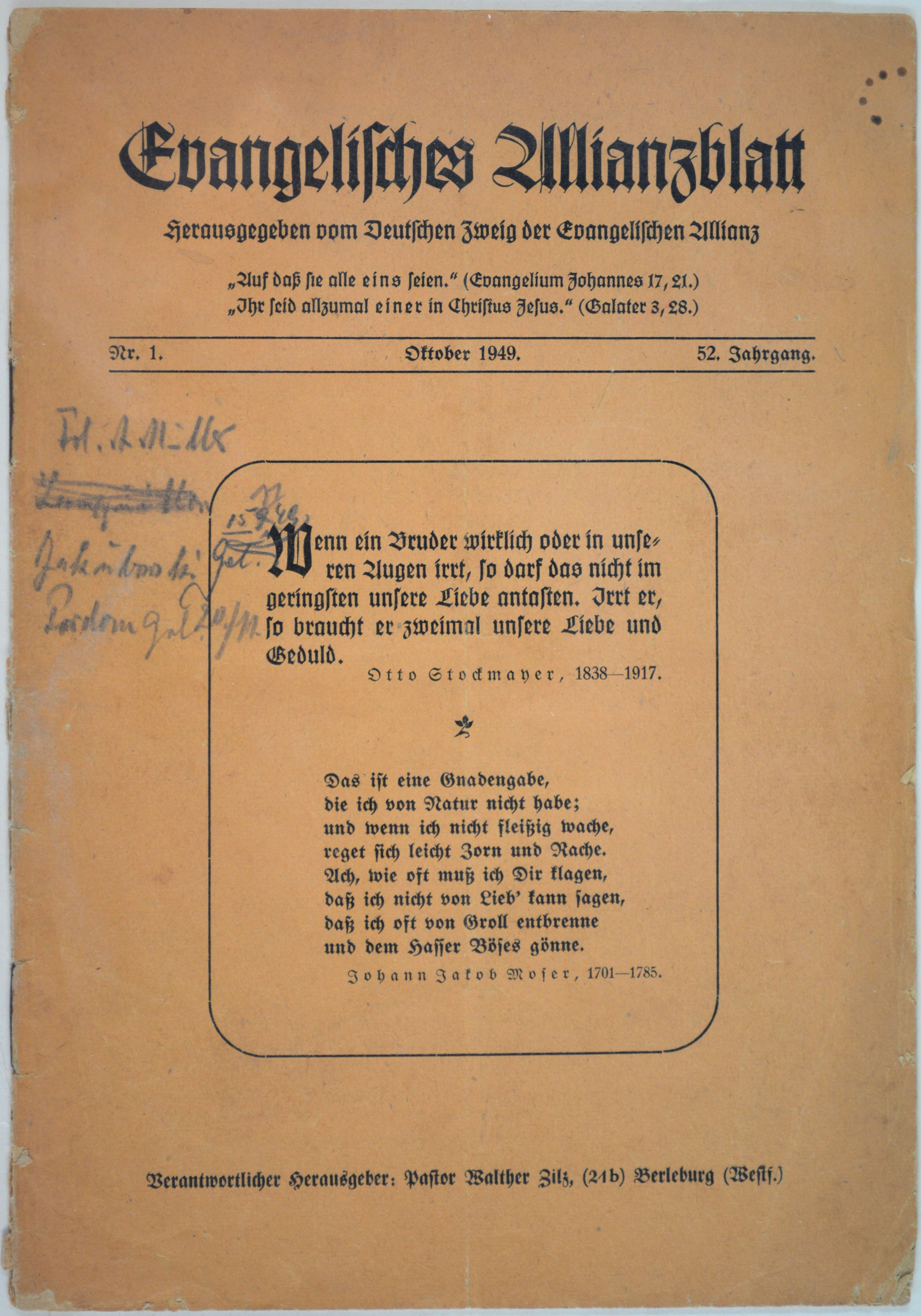 Broschüre: Evangelisches Allianzblatt, 52. Jg., Nr. 1 (Oktober 1949) (DDR Geschichtsmuseum im Dokumentationszentrum Perleberg CC BY-SA)