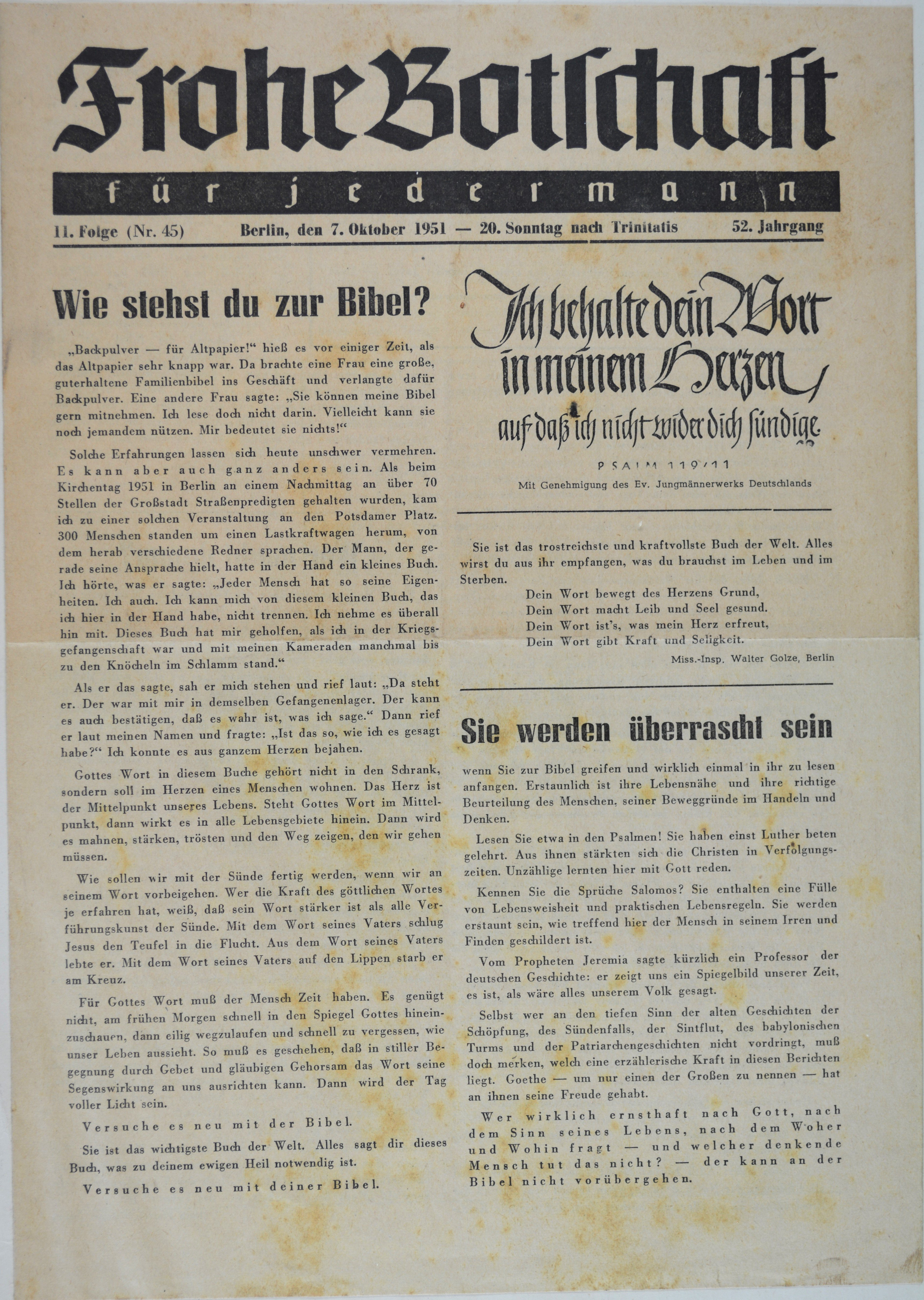 Zeitung: Frohe Botschaft für jedermann, 52. Jg., Nr. 45 (07. Oktober 1951) (DDR Geschichtsmuseum im Dokumentationszentrum Perleberg CC BY-SA)