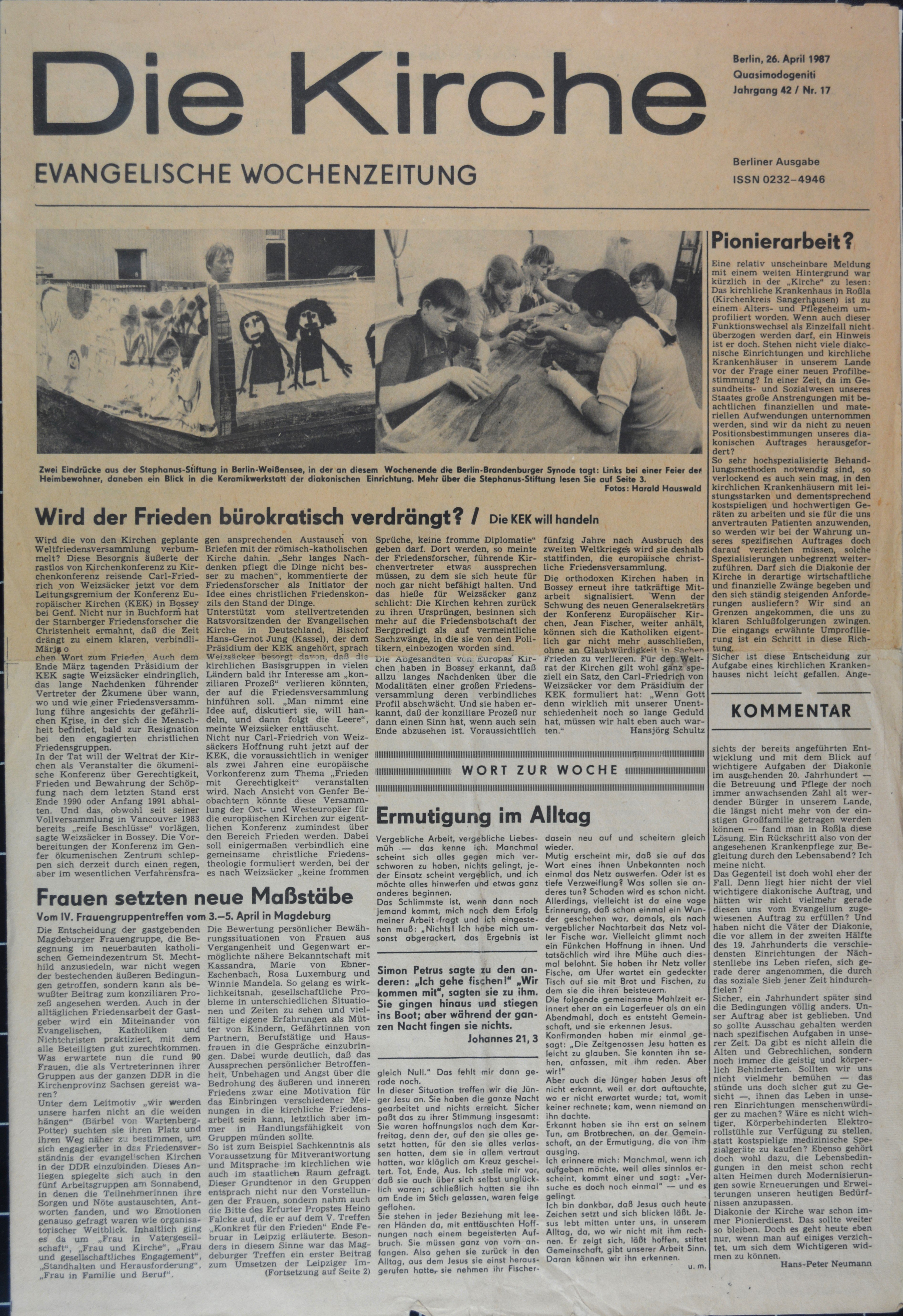 Zeitung: Die Kirche. Evangelische Wochenzeitung, 42. Jg., Nr. 17 (26. April 1987) (DDR Geschichtsmuseum im Dokumentationszentrum Perleberg CC BY-SA)
