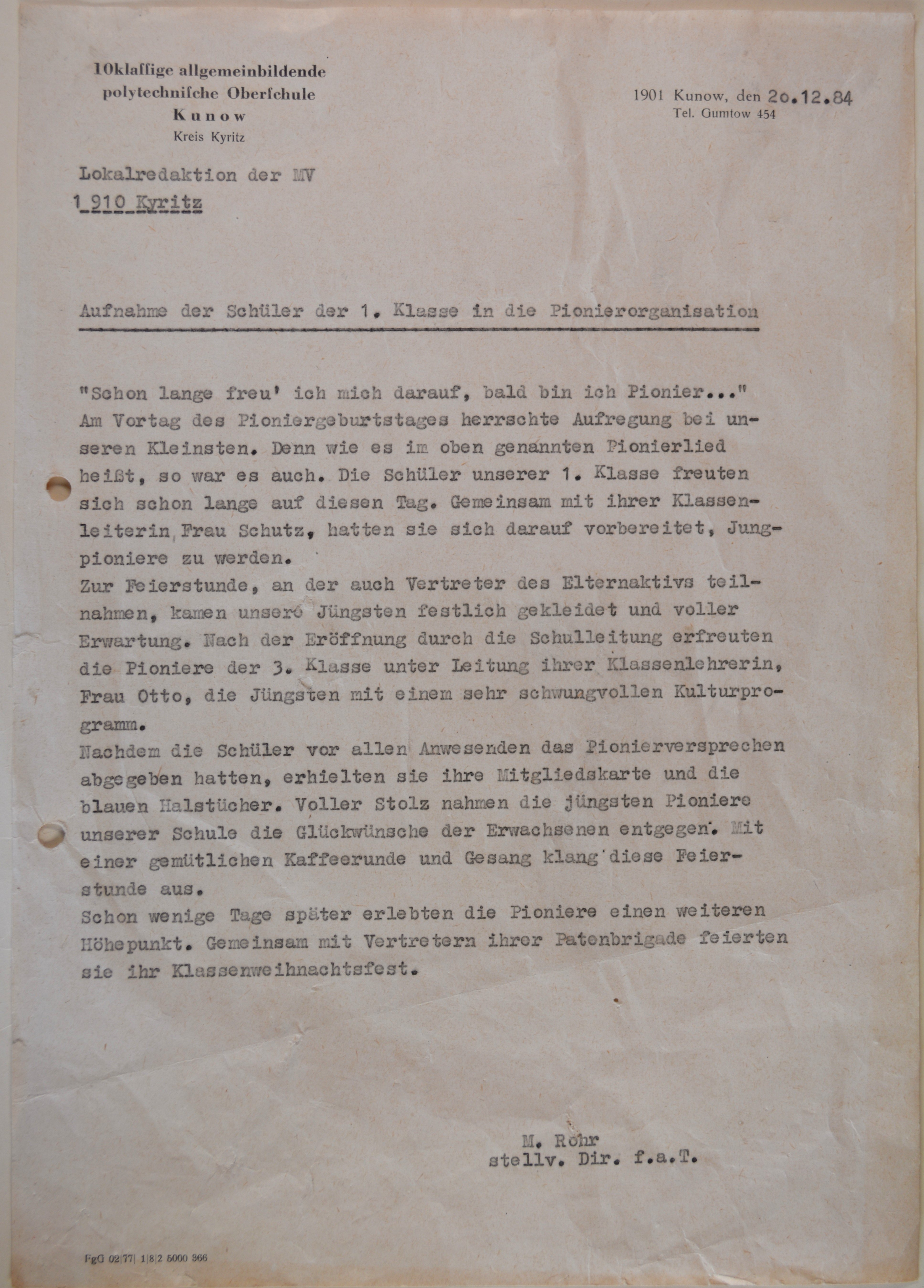 Brief: Pressetext zur Aufnahme einer Kunower Schulklasse in die Pionierorganisation (DDR Geschichtsmuseum im Dokumentationszentrum Perleberg CC BY-SA)