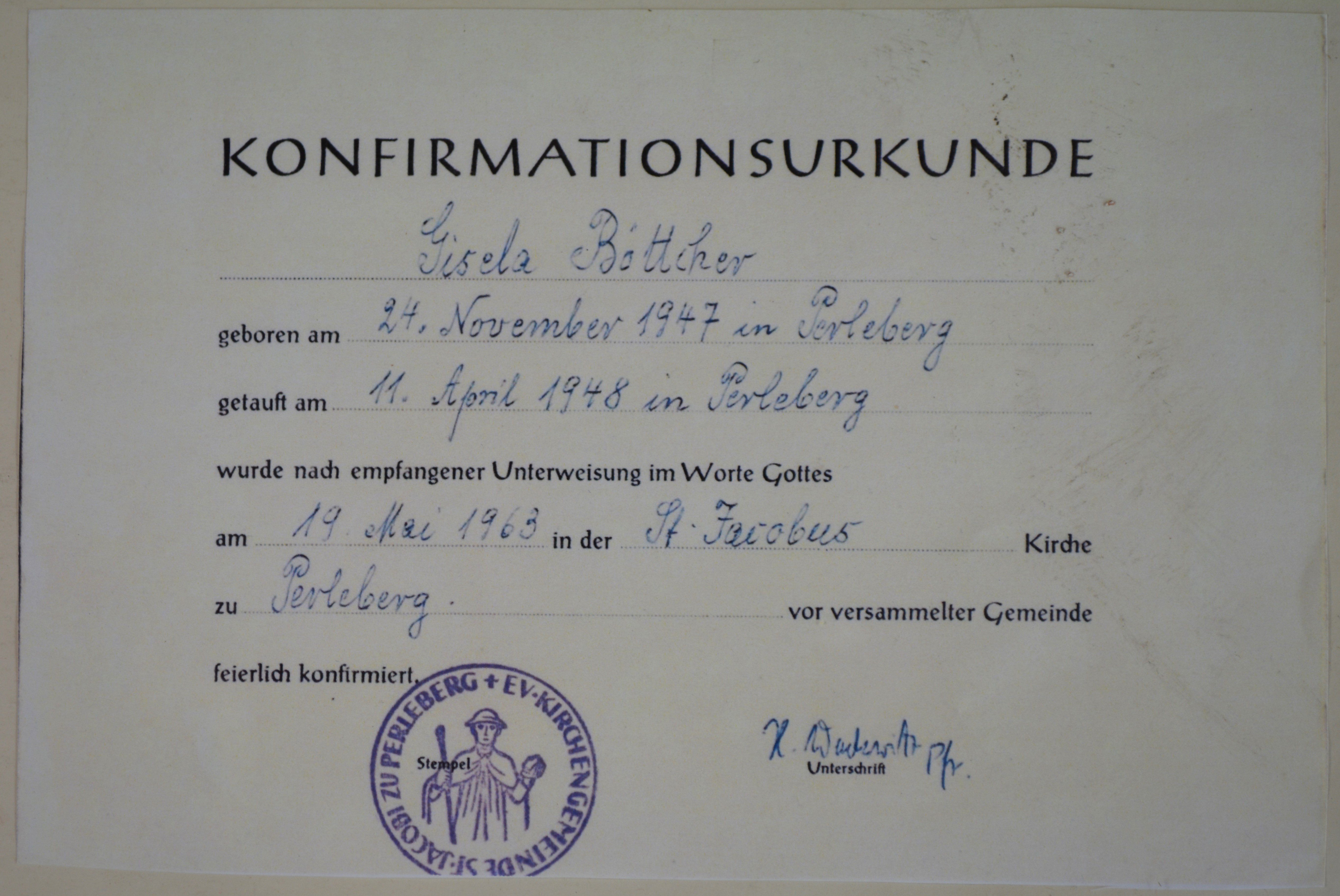Konfirmationsurkunde für Gisela Böttcher (DDR Geschichtsmuseum im Dokumentationszentrum Perleberg CC BY-SA)