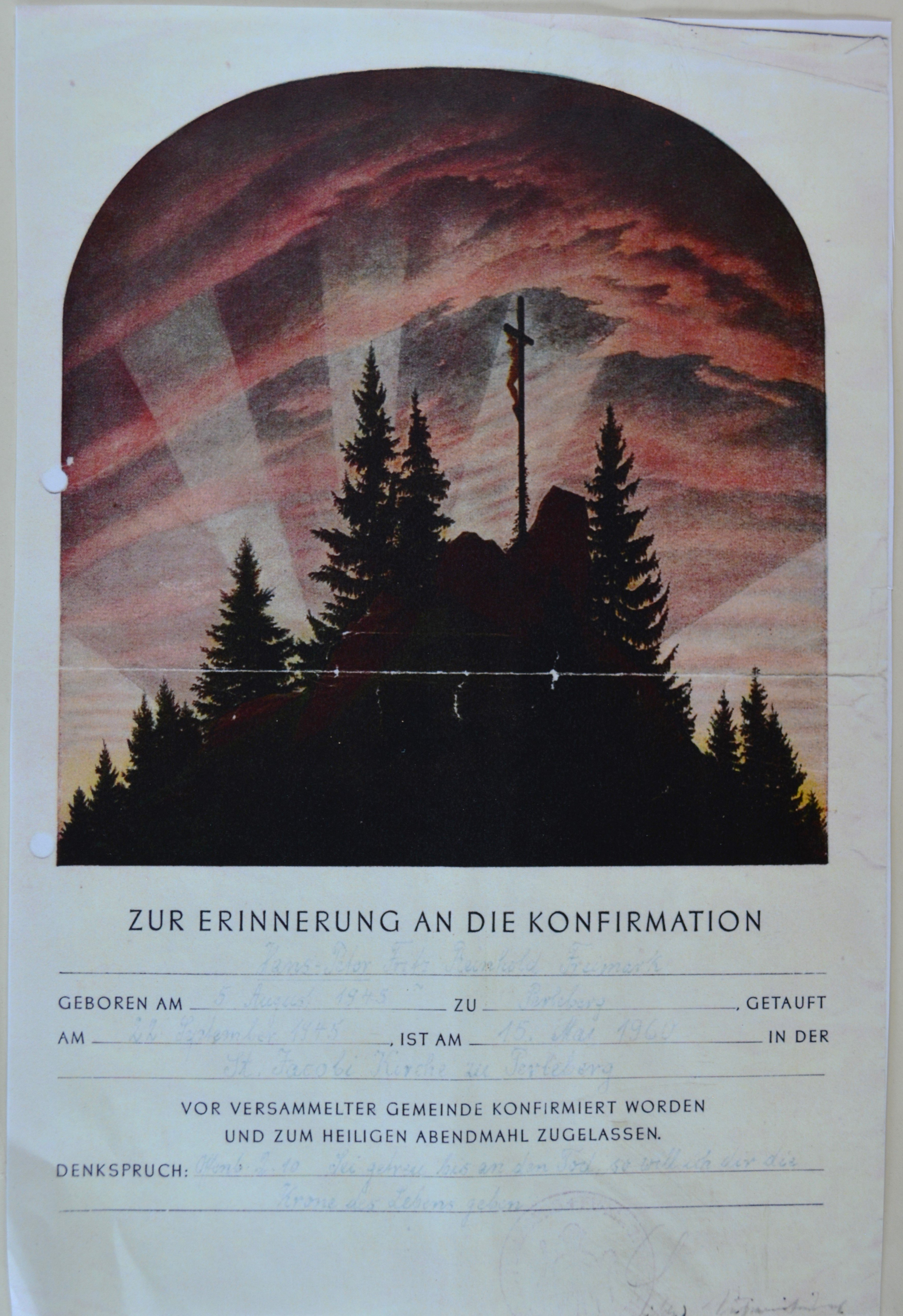 Konfirmationsurkunde für Hans-Peter Freimark (DDR Geschichtsmuseum im Dokumentationszentrum Perleberg CC BY-SA)