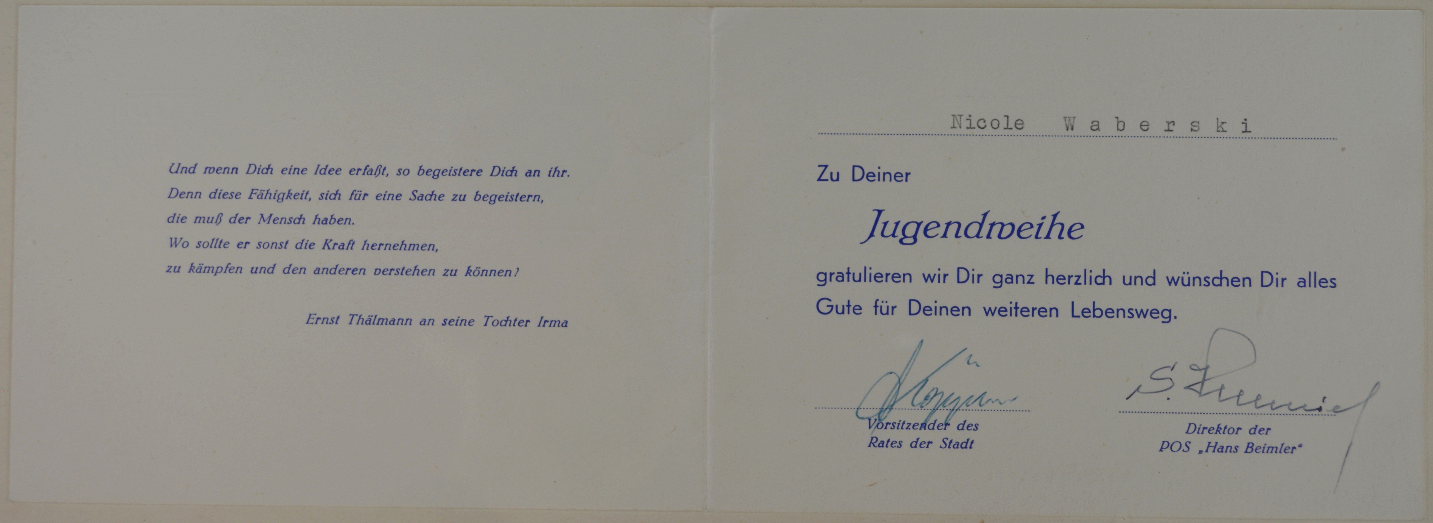 Glückwunschkarte zur Jugendweihe (DDR Geschichtsmuseum im Dokumentationszentrum Perleberg CC BY-SA)