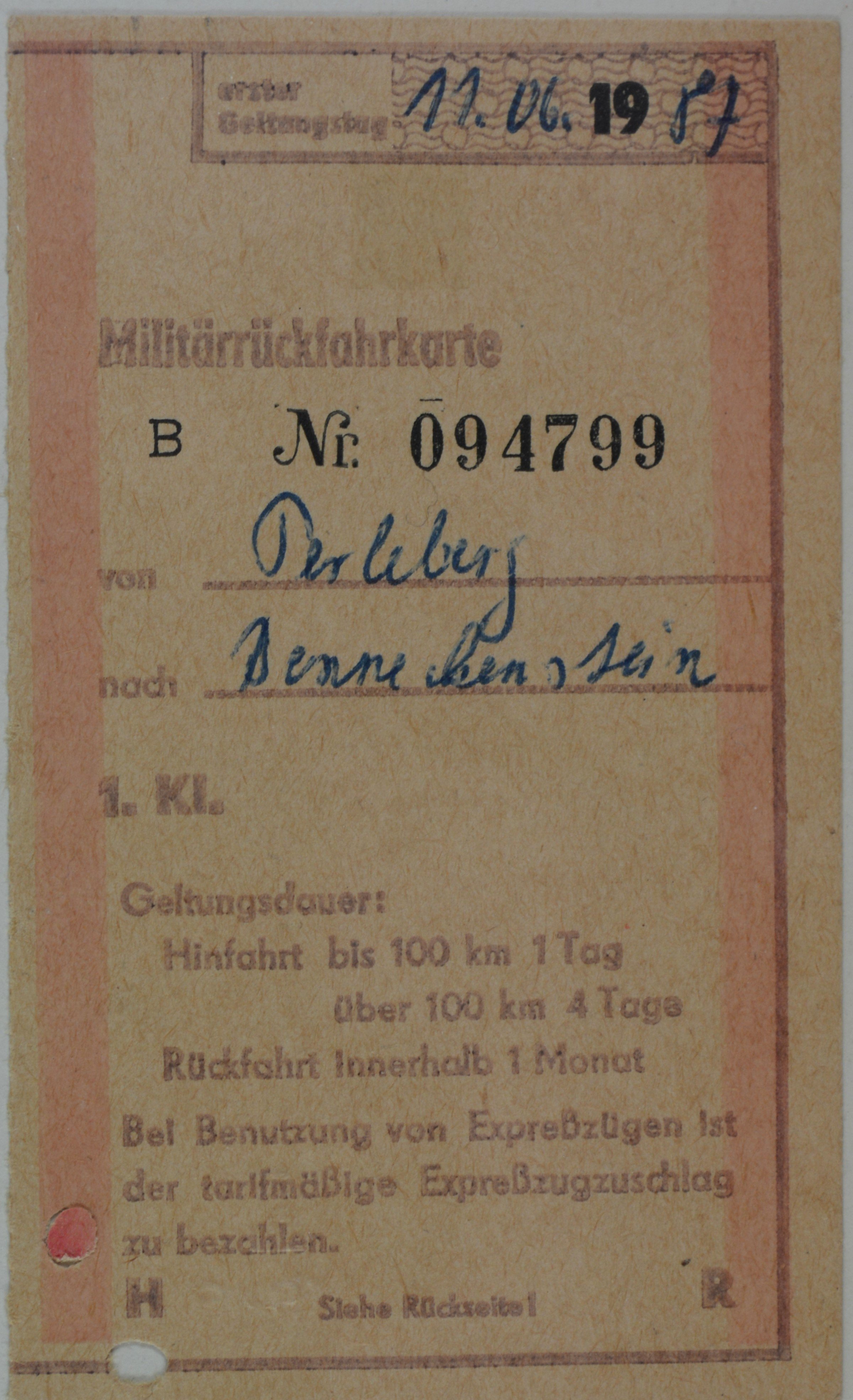 Militärrückfahrkarte von Perleberg nach Benneckenstein (DDR Geschichtsmuseum im Dokumentationszentrum Perleberg CC BY-SA)