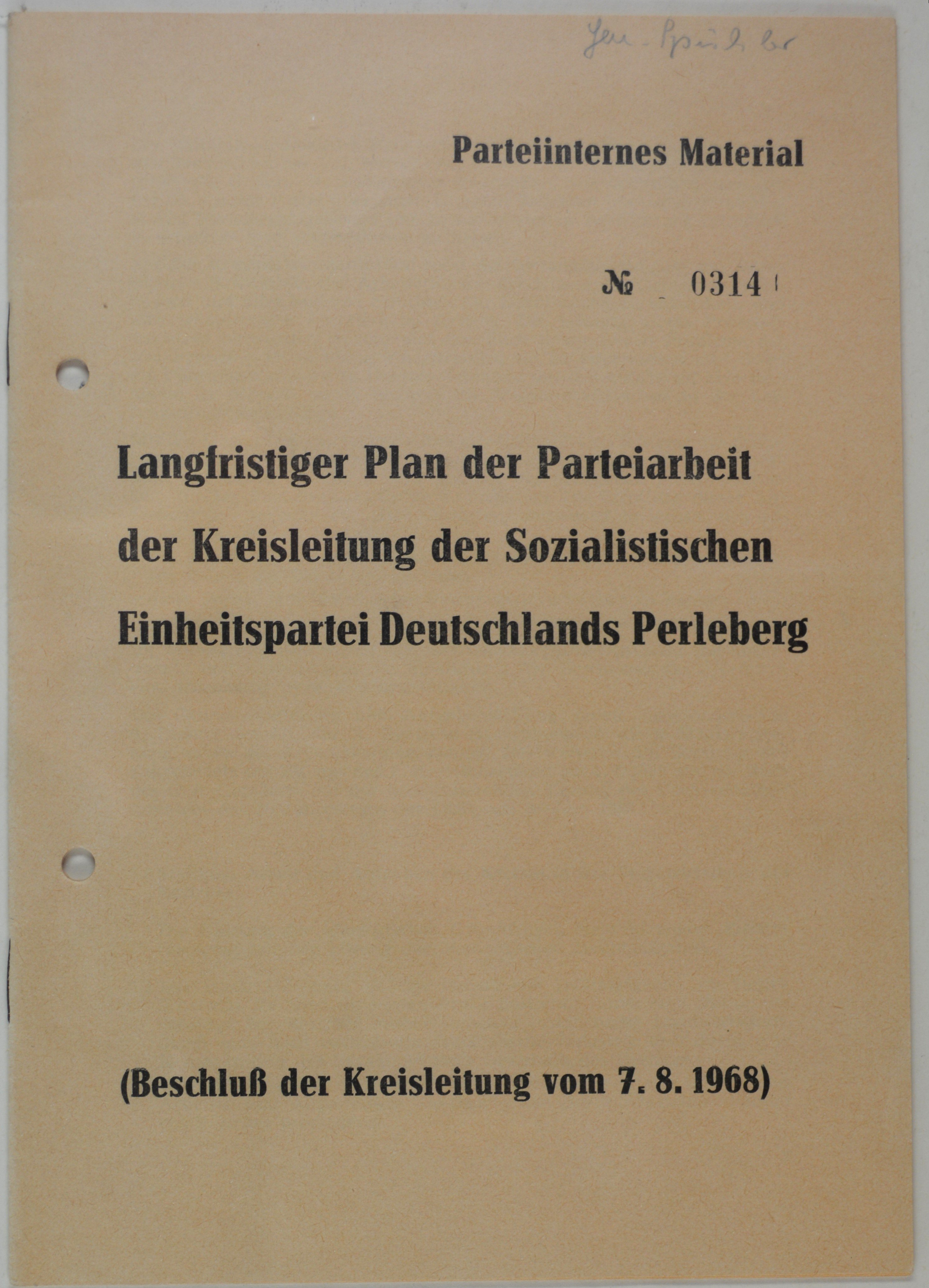 Broschüre: Parteiinternes Material der Kreisleitung der SED Perleberg (DDR Geschichtsmuseum im Dokumentationszentrum Perleberg CC BY-SA)
