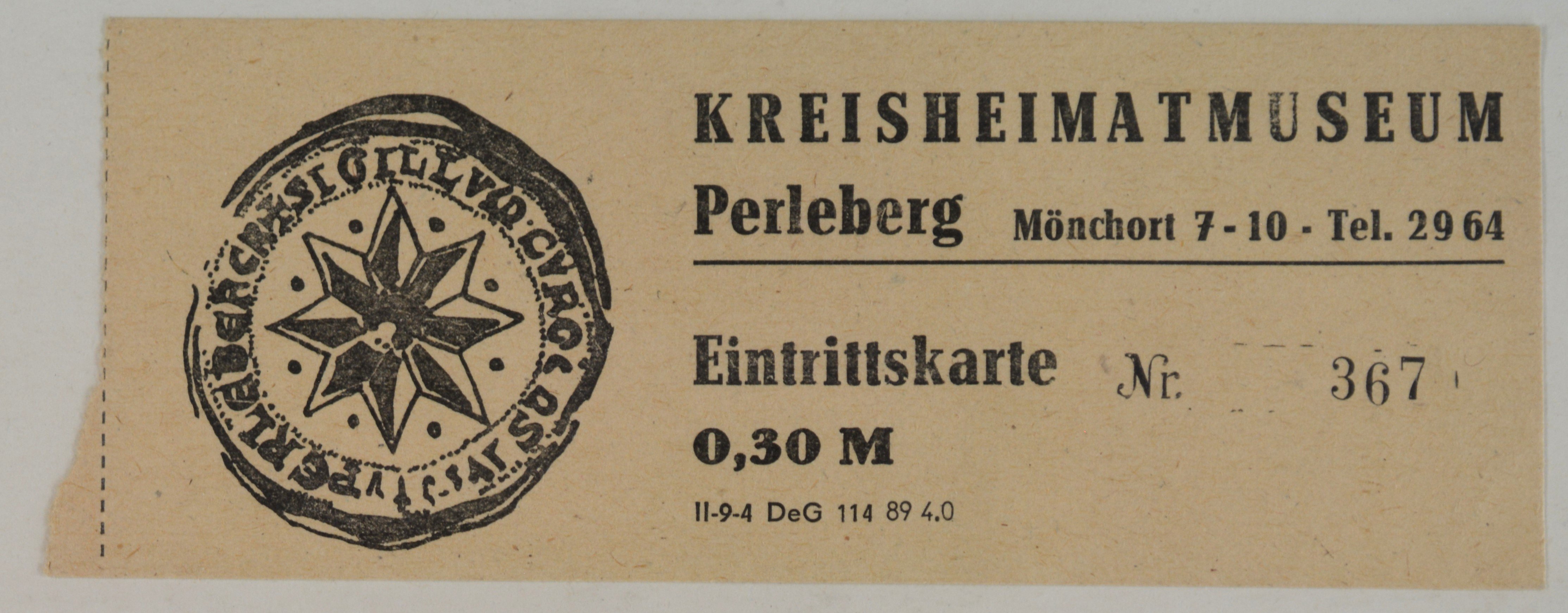 Eintrittskarte für das Kreisheimatmuseum Perleberg (DDR Geschichtsmuseum im Dokumentationszentrum Perleberg CC BY-SA)