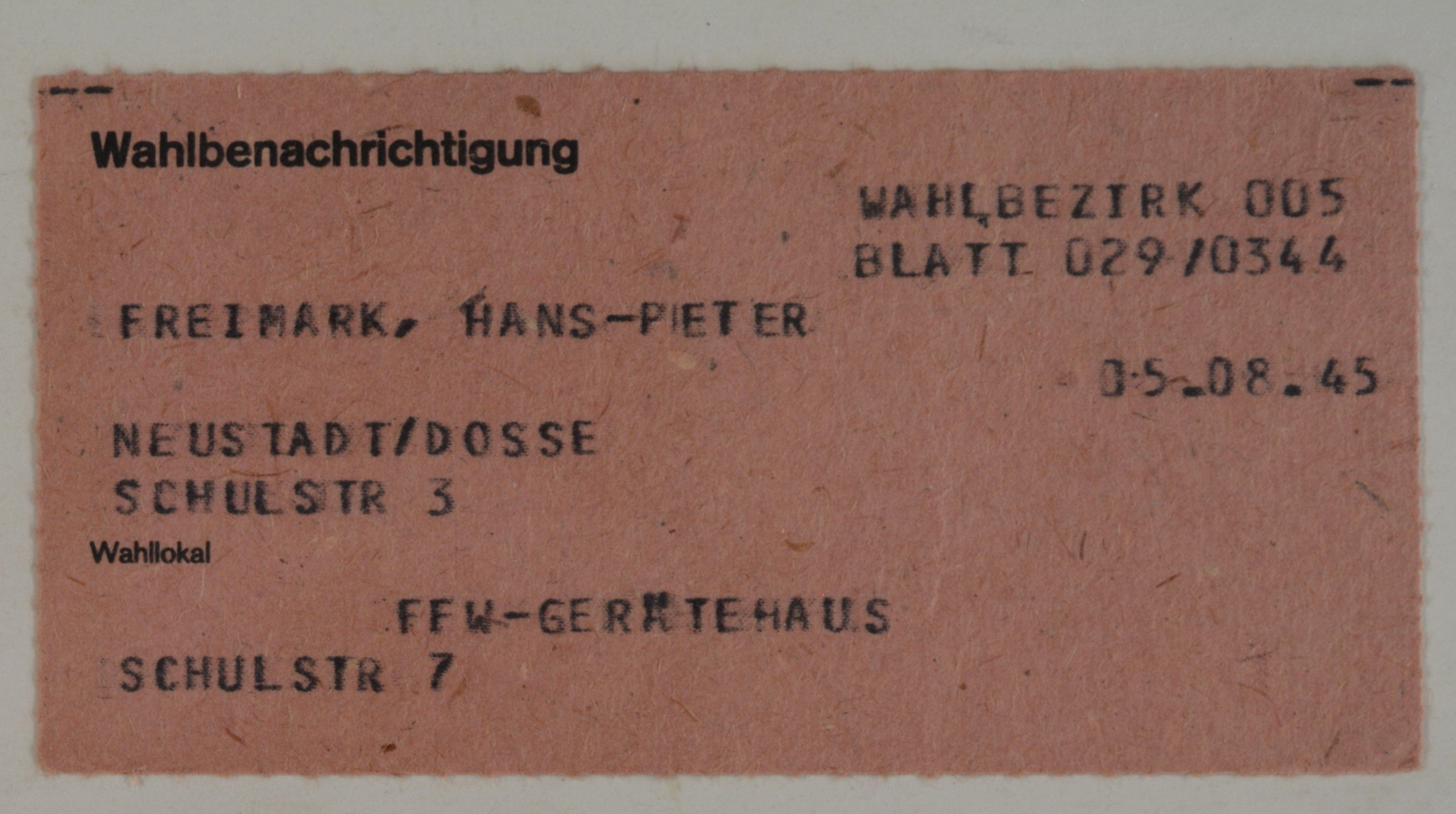 Wahlbenachrichtigung für Hans-Peter Freimark (DDR Geschichtsmuseum im Dokumentationszentrum Perleberg CC BY-SA)