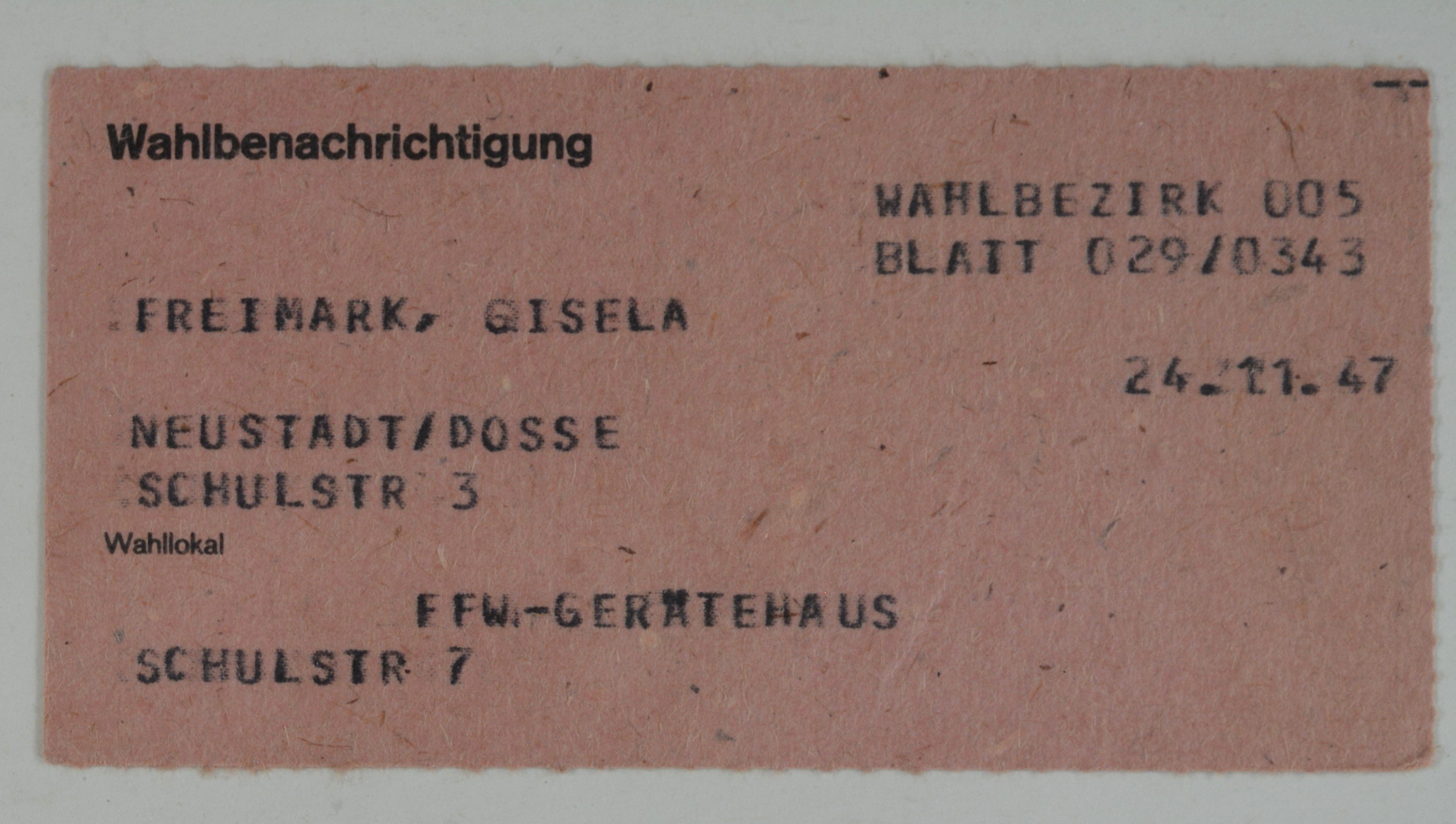 Wahlbenachrichtigung für Gisela Freimark (DDR Geschichtsmuseum im Dokumentationszentrum Perleberg CC BY-SA)