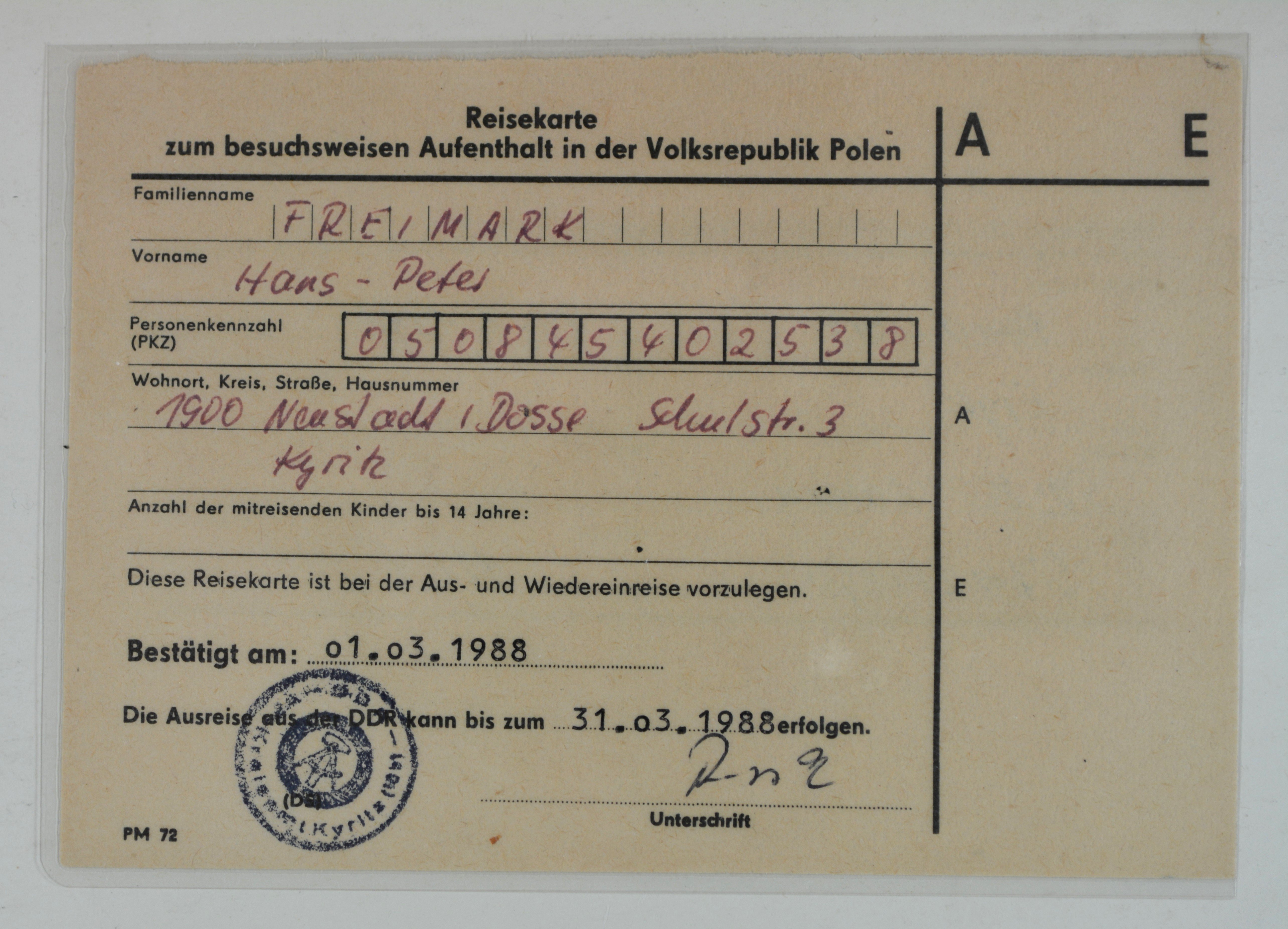 Reisekarte für die Volksrepublik Polen für Hans-Peter Freimark (DDR Geschichtsmuseum im Dokumentationszentrum Perleberg CC BY-SA)
