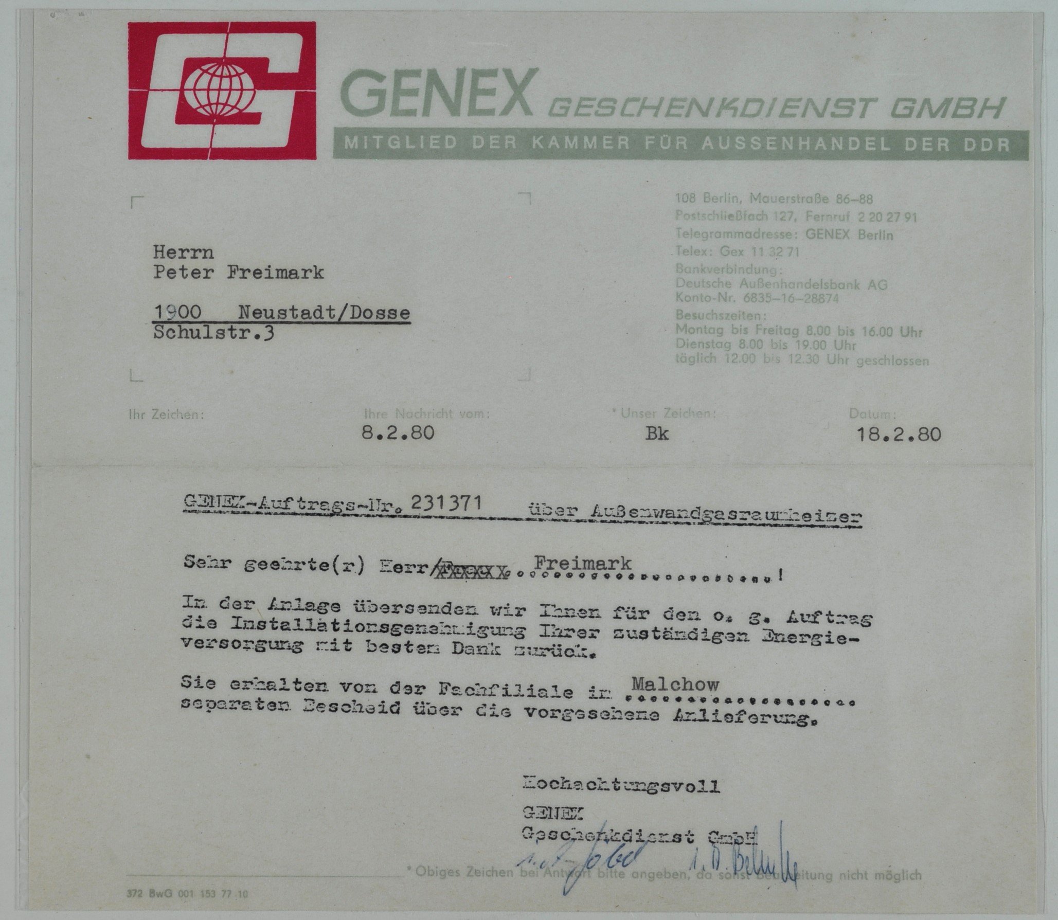 Schreiben der Genex Geschenkdienst GmbH an Hans-Peter Freimark (DDR Geschichtsmuseum im Dokumentationszentrum Perleberg CC BY-SA)