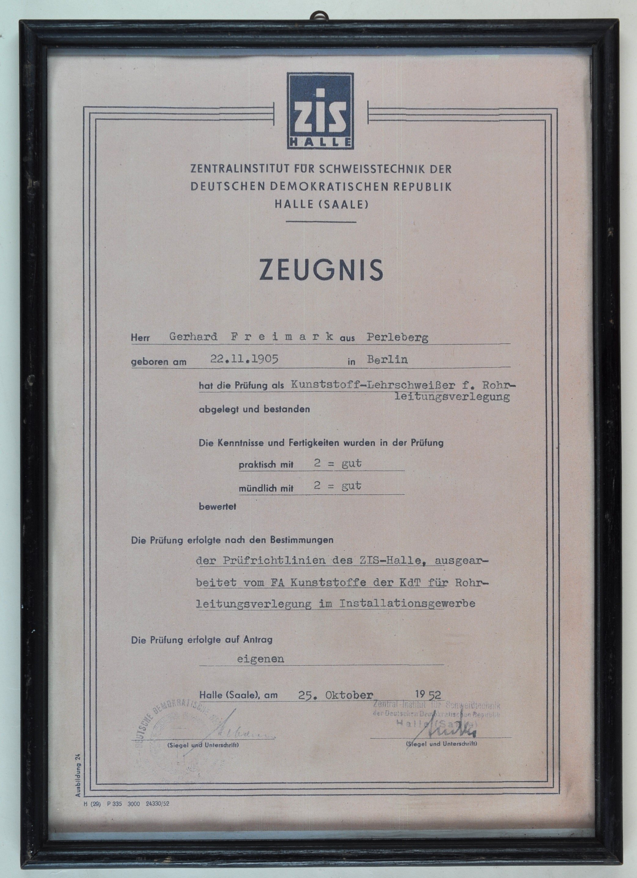 Urkunde des Zentralinstituts für Schweisstechnik für Gerhard Freimark (DDR Geschichtsmuseum im Dokumentationszentrum Perleberg CC BY-SA)