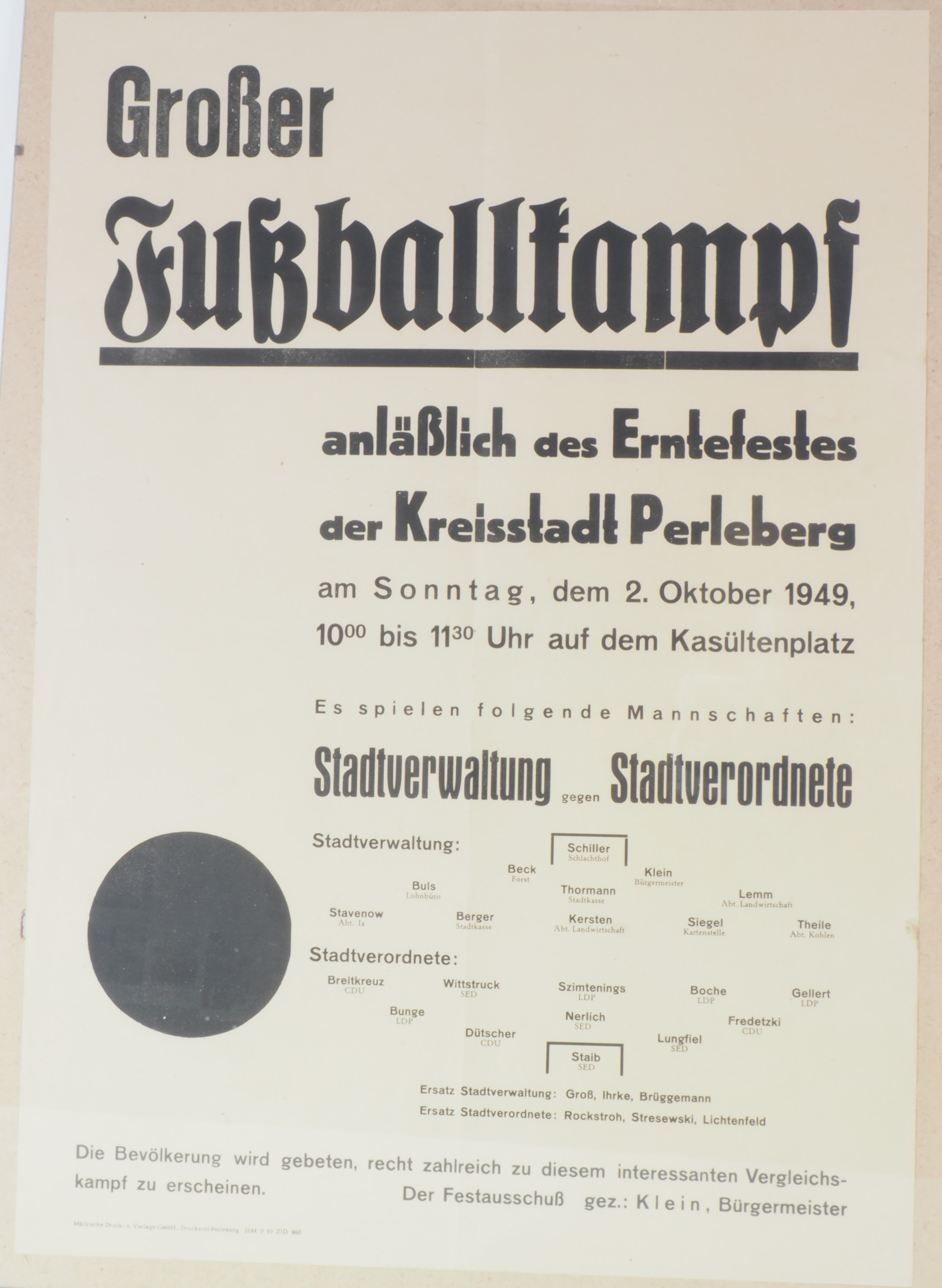 Plakat: "Großer Fußballkampf" in Perleberg (DDR Geschichtsmuseum im Dokumentationszentrum Perleberg CC BY-SA)