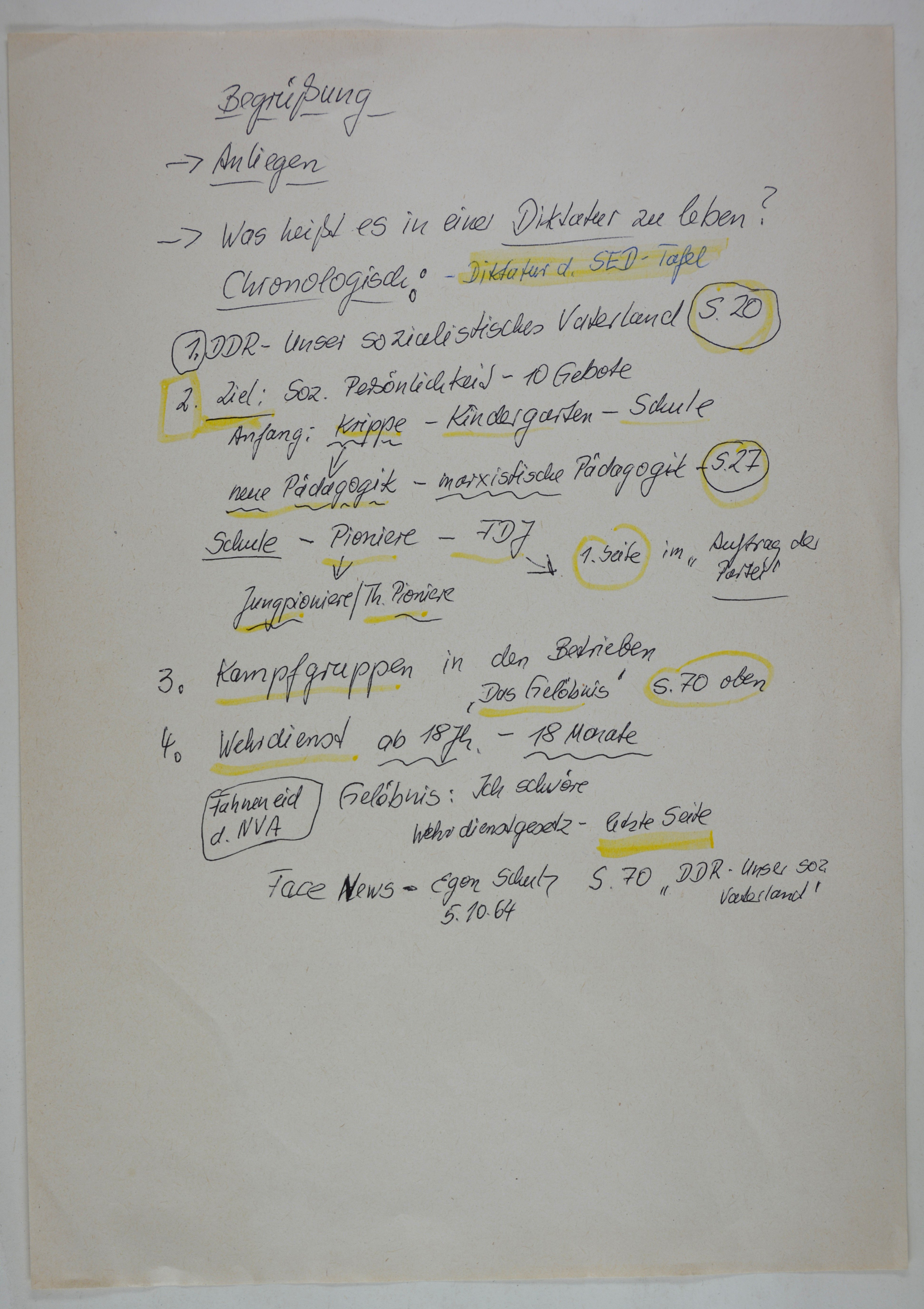 Notizen von Hans-Peter Freimark für einen Vortrag vor Besuchern (DDR Geschichtsmuseum im Dokumentationszentrum Perleberg CC BY-SA)
