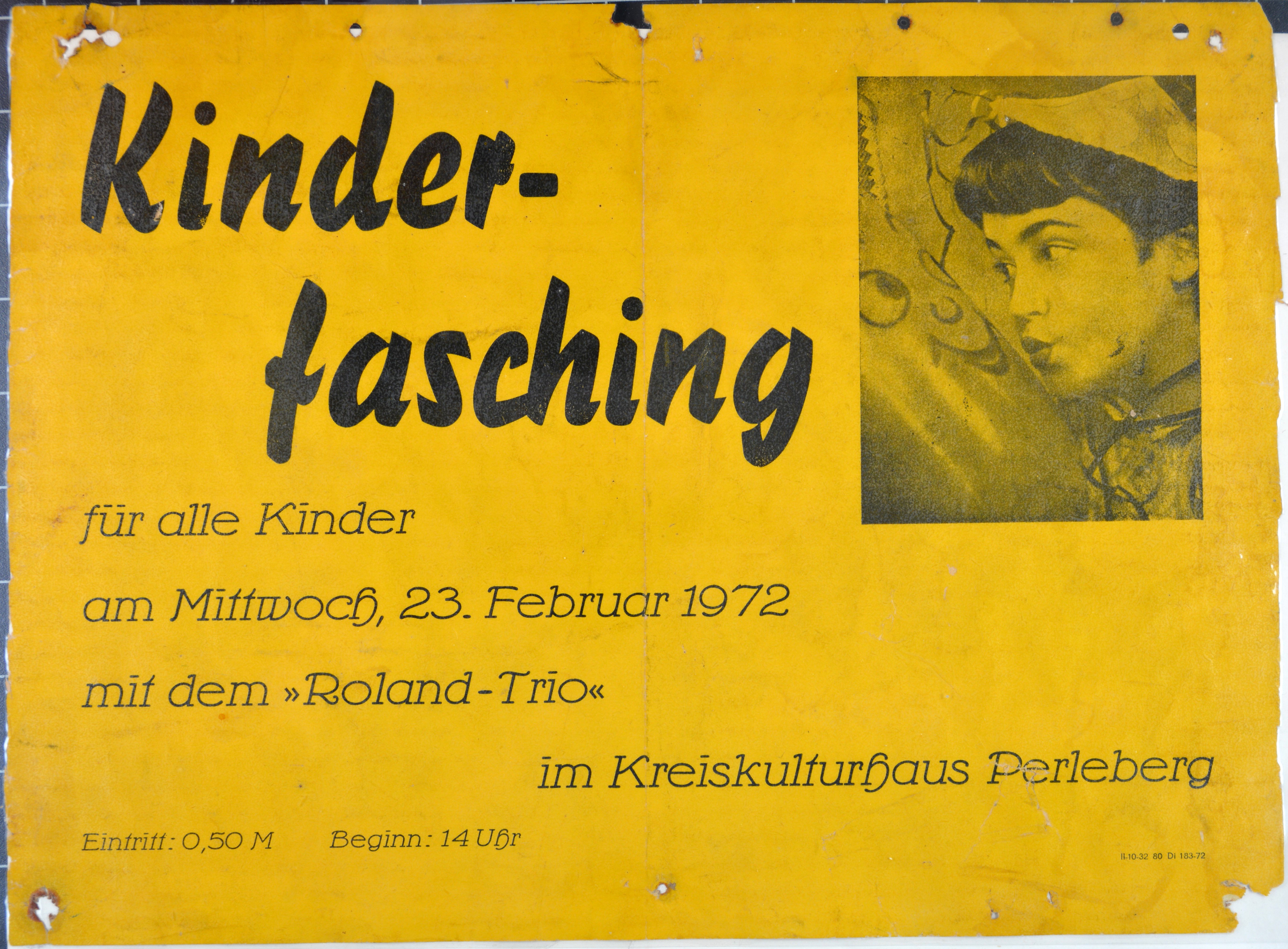 Plakat: Kinderfasching mit dem Roland-Trio im Kreiskulturhaus Perleberg am 23. Februar 1972 (DDR Geschichtsmuseum im Dokumentationszentrum Perleberg CC BY-SA)