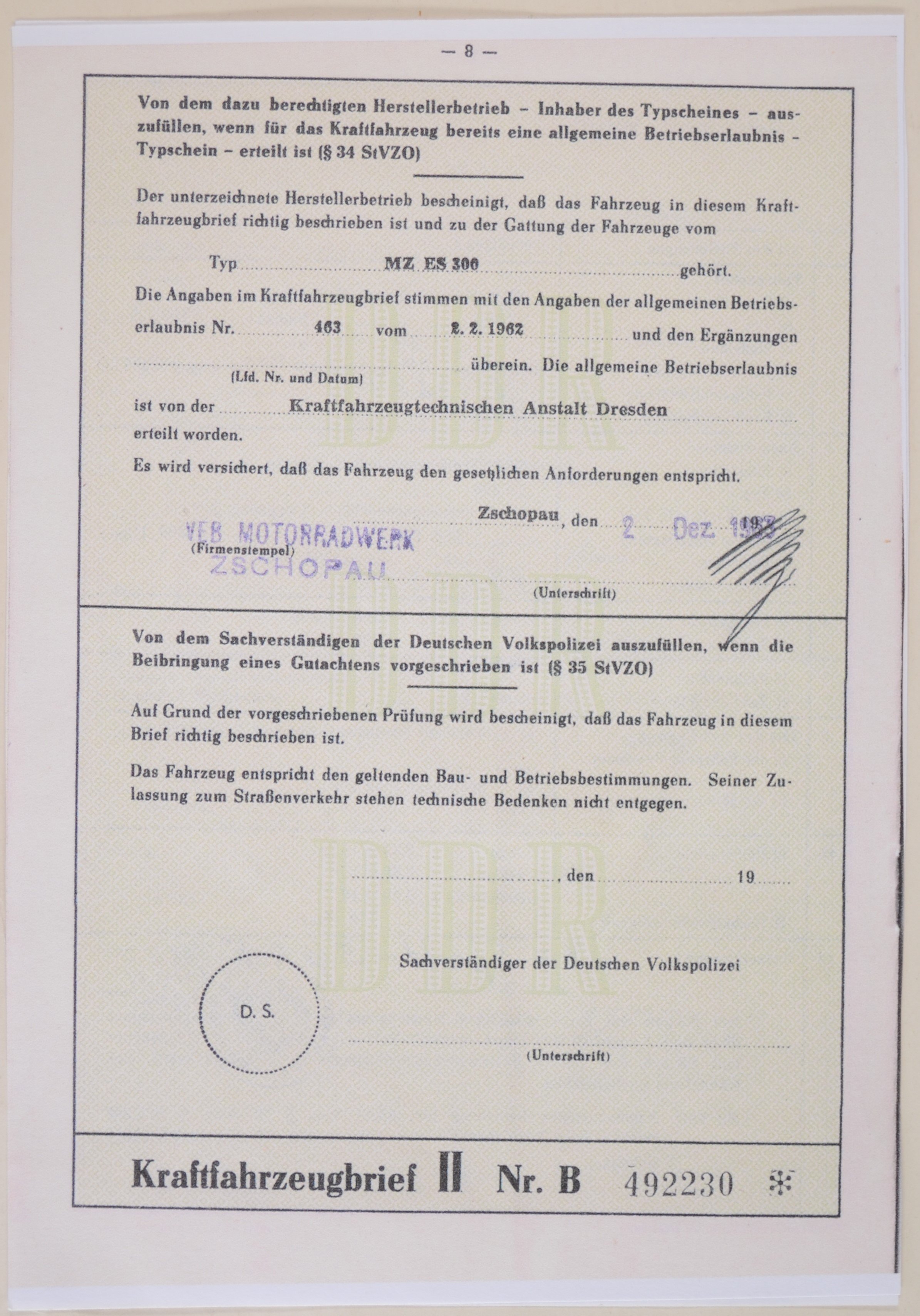 Kfz-Brief für das Motorrad von Hans-Peter Freimark (DDR Geschichtsmuseum im Dokumentationszentrum Perleberg CC BY-SA)