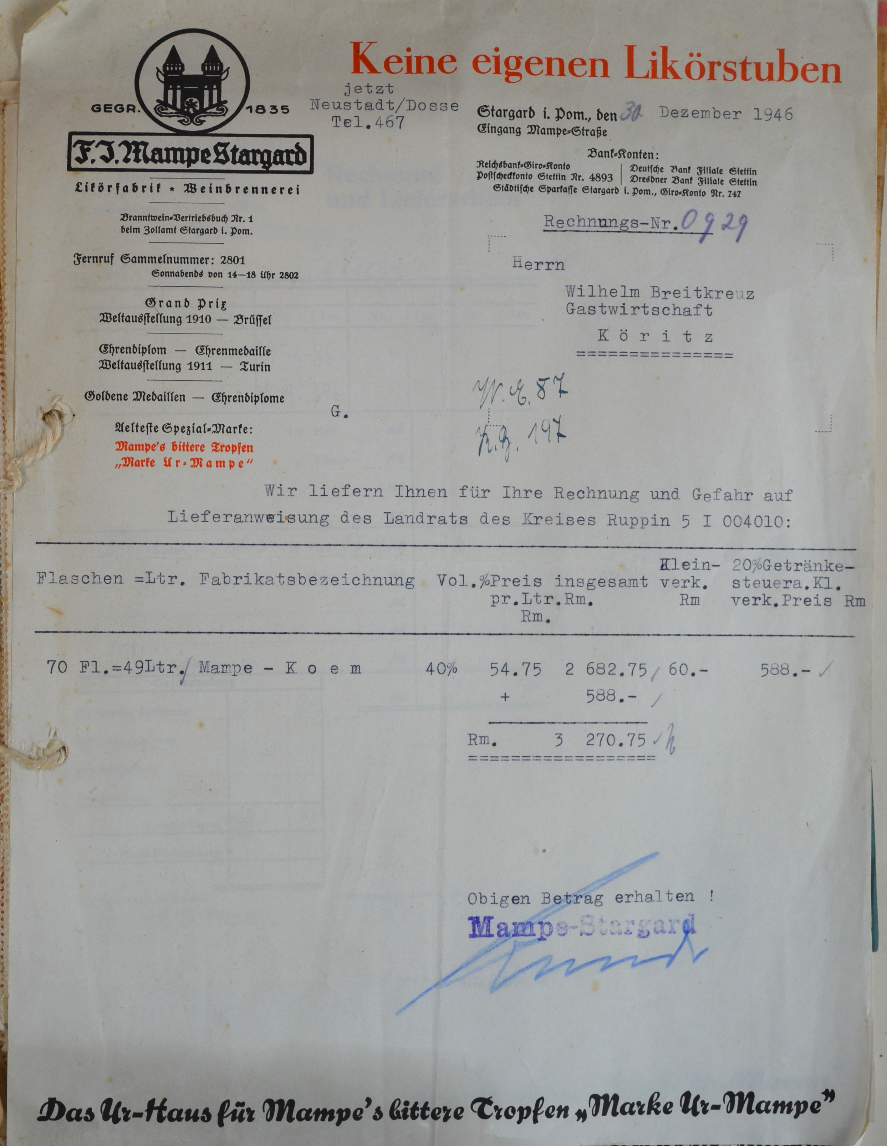 Rechnung von F. J. Mampe Stargard aus Neustadt (Dosse) für Wilhelm Breitkreuz (DDR Geschichtsmuseum im Dokumentationszentrum Perleberg CC BY-SA)