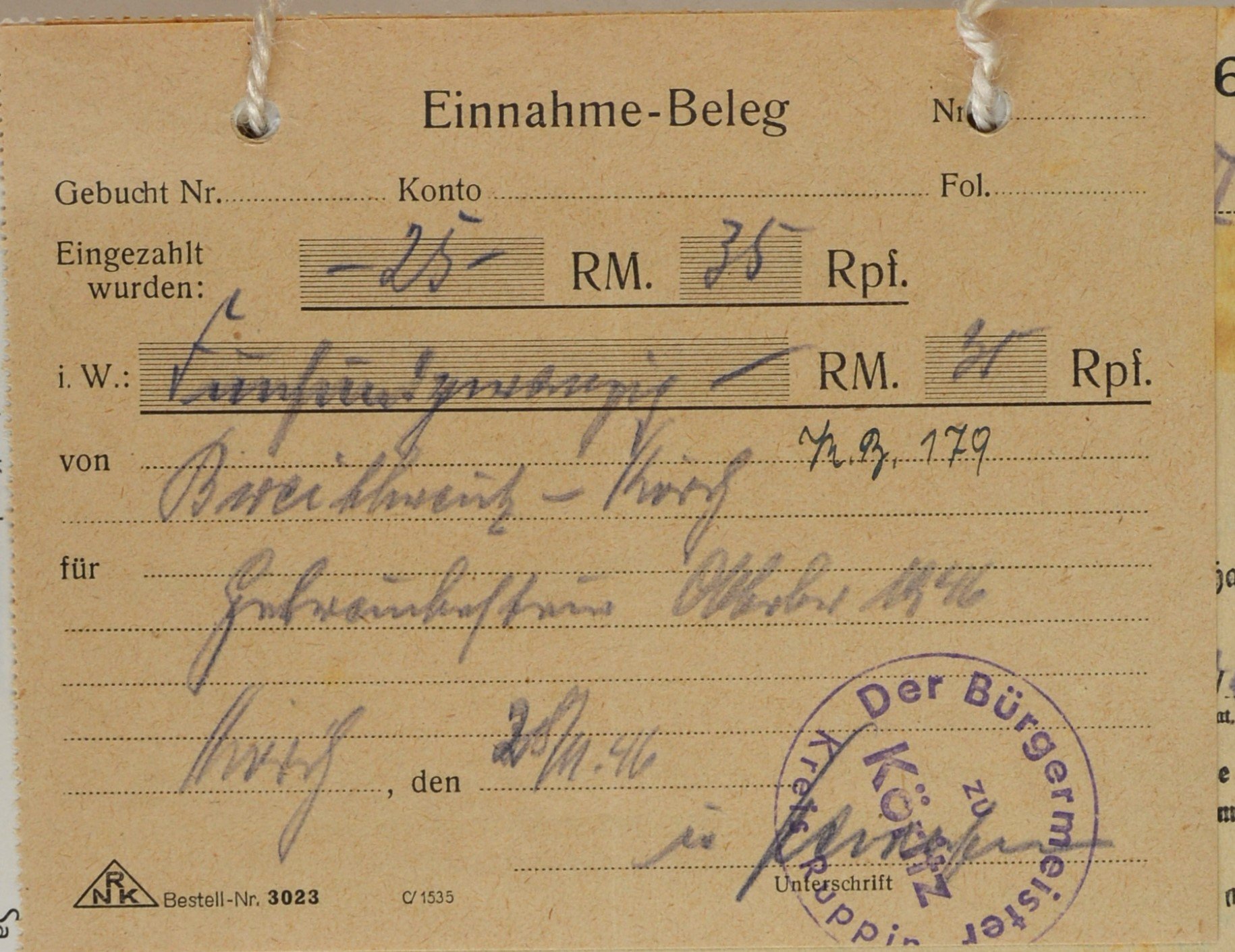 Einnahmebeleg von dem Bürgermeisteramt zu Köritz für Wilhelm Breitkreuz (DDR Geschichtsmuseum im Dokumentationszentrum Perleberg CC BY-SA)
