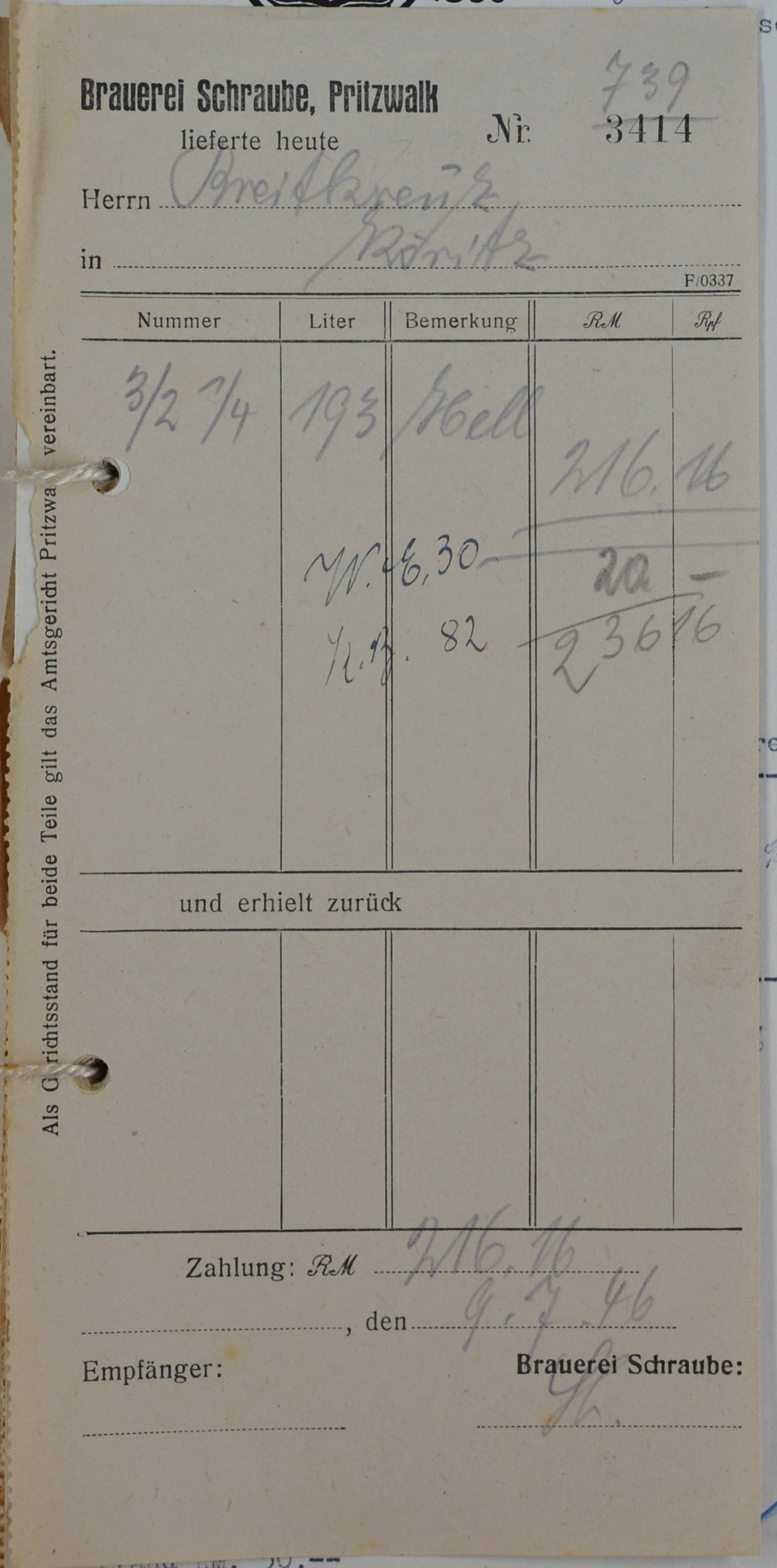 Rechnung von der Brauerei Schraube aus Pritzwalk für Wilhelm Breitkreuz (DDR Geschichtsmuseum im Dokumentationszentrum Perleberg CC BY-SA)