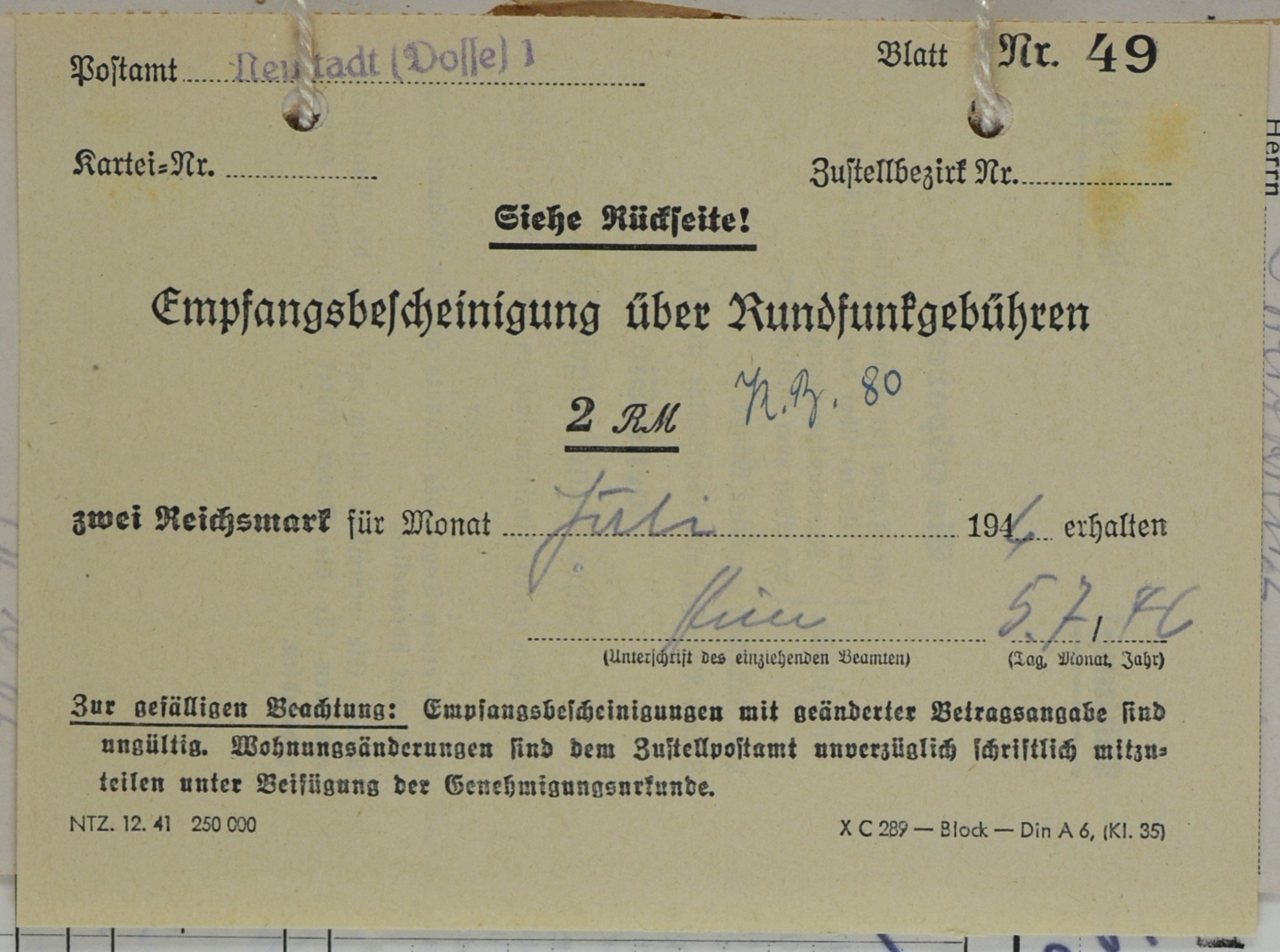 Empfangsbescheinigung von der Gebührenstelle für Wilhelm Breitkreuz (DDR Geschichtsmuseum im Dokumentationszentrum Perleberg CC BY-SA)