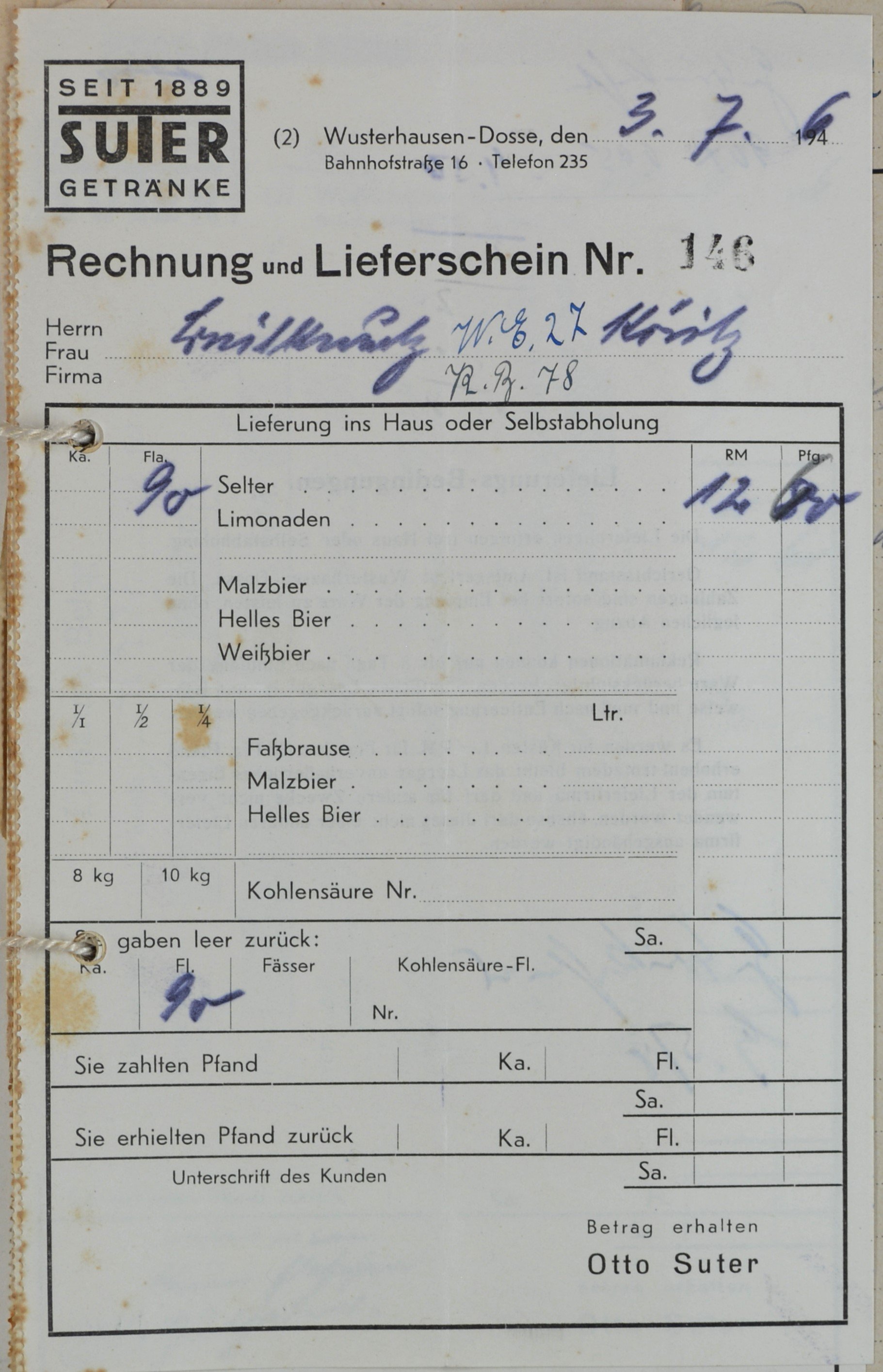 Rechnung von Otto Suter-Suter Getränke aus Wusterhausen (Dosse) für Wilhelm Breitkreuz (DDR Geschichtsmuseum im Dokumentationszentrum Perleberg CC BY-SA)
