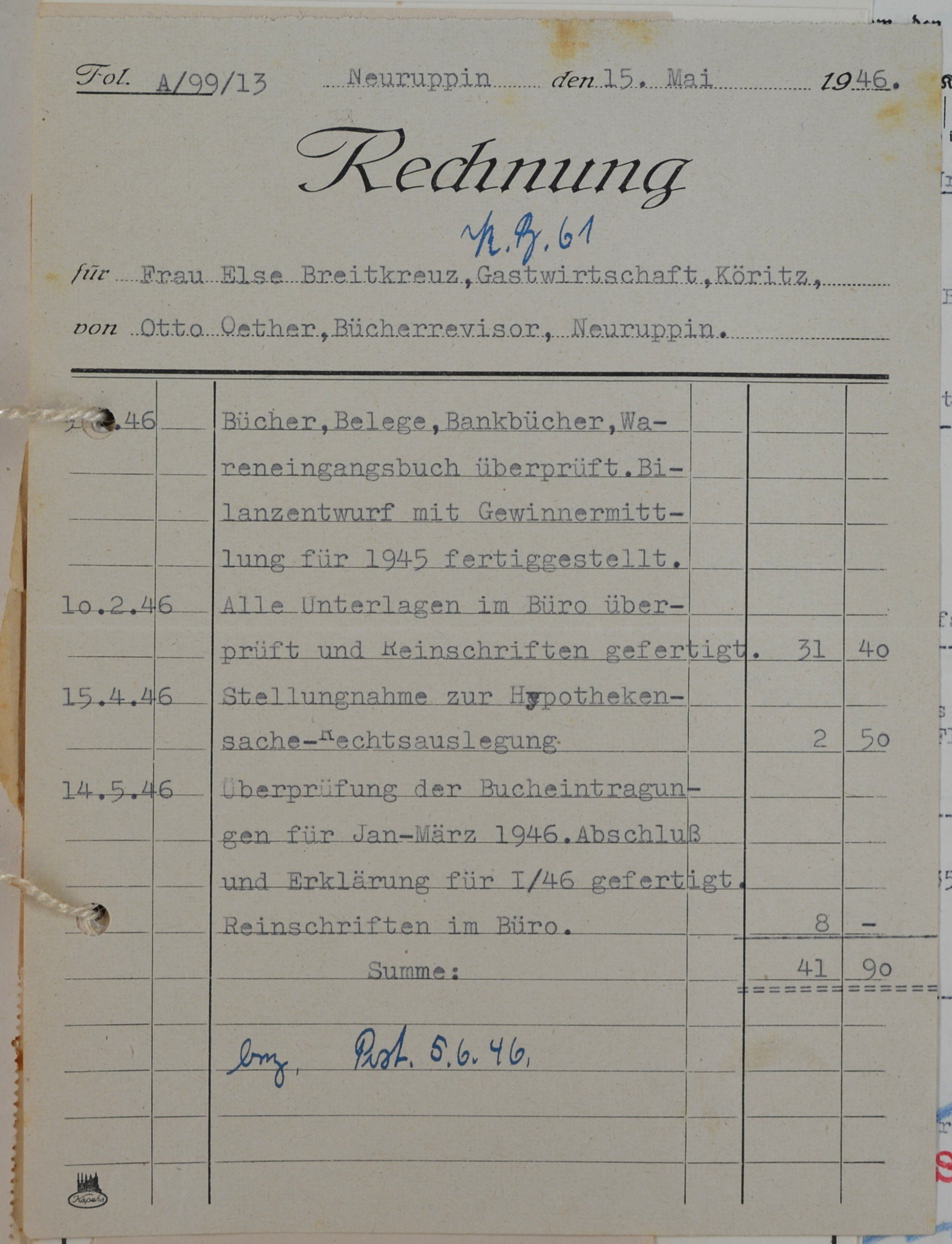 Rechnung von dem Bücherrevisor Otto Oether aus Neuruppin für Else Breitkreuz (DDR Geschichtsmuseum im Dokumentationszentrum Perleberg CC BY-SA)