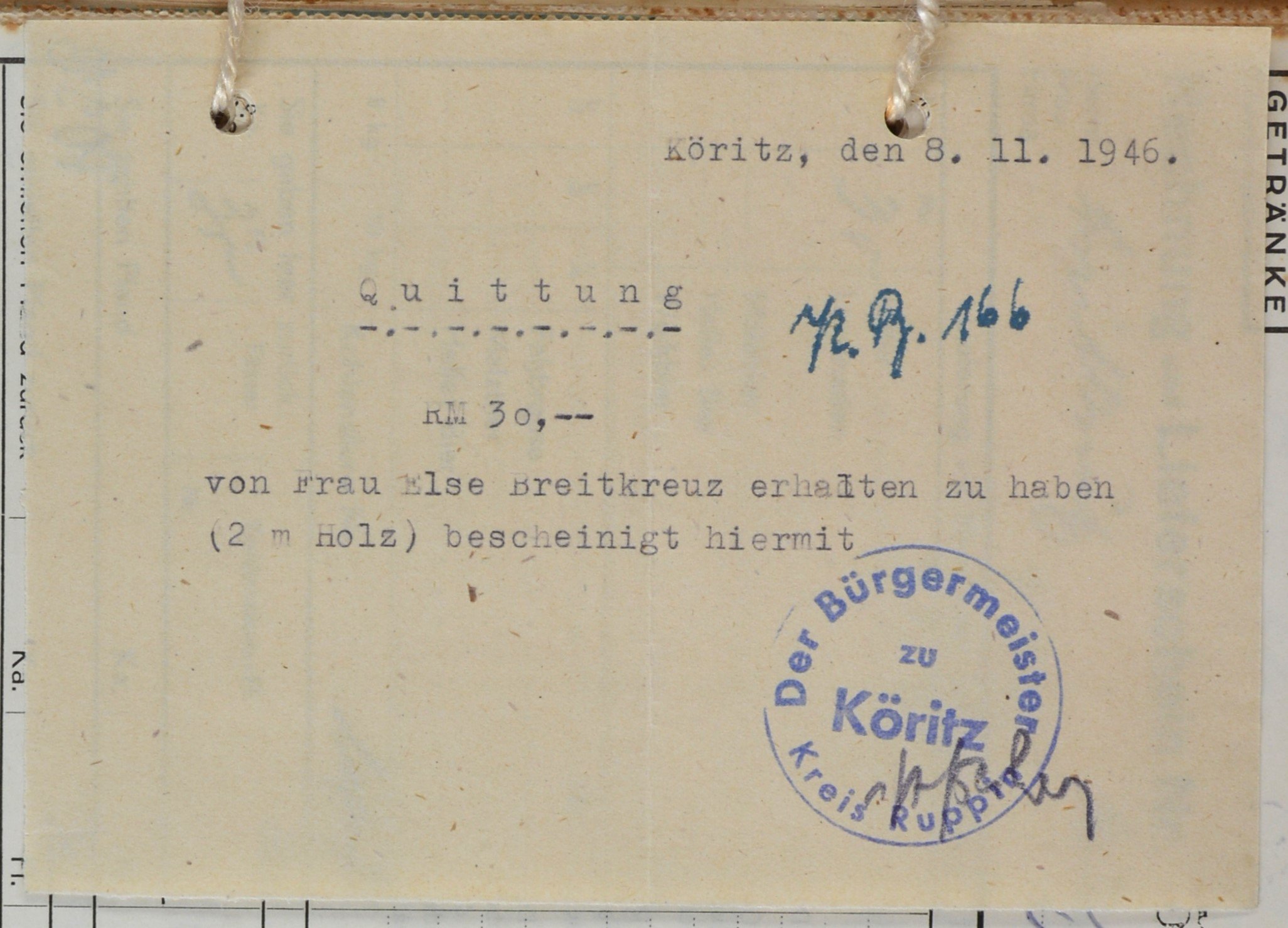 Quittung von dem Bürgermeisteramt zu Köritz für Wilhelm Breitkreuz (DDR Geschichtsmuseum im Dokumentationszentrum Perleberg CC BY-SA)