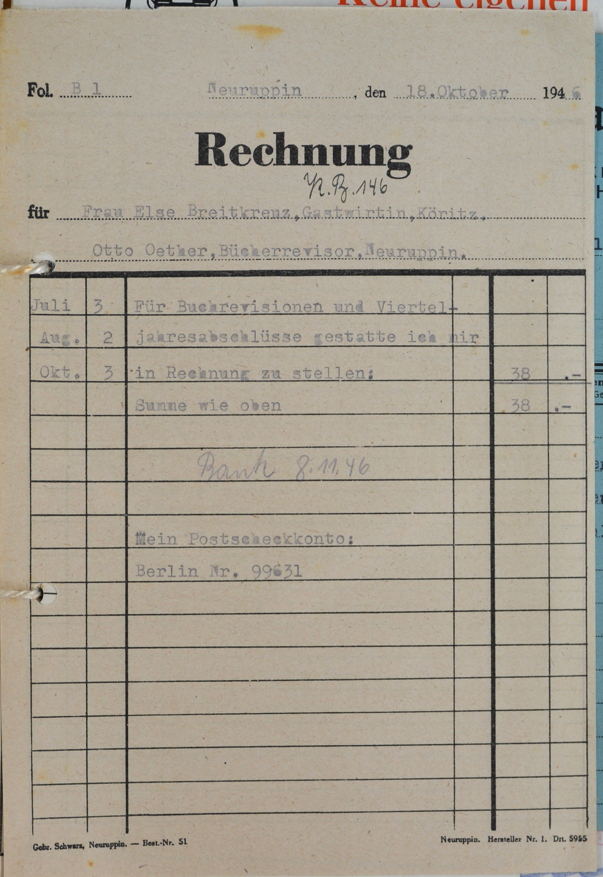 Rechnung von dem Bücherrevisor Otto Oether aus Neuruppin für Wilhelm Breitkreuz (DDR Geschichtsmuseum im Dokumentationszentrum Perleberg CC BY-SA)