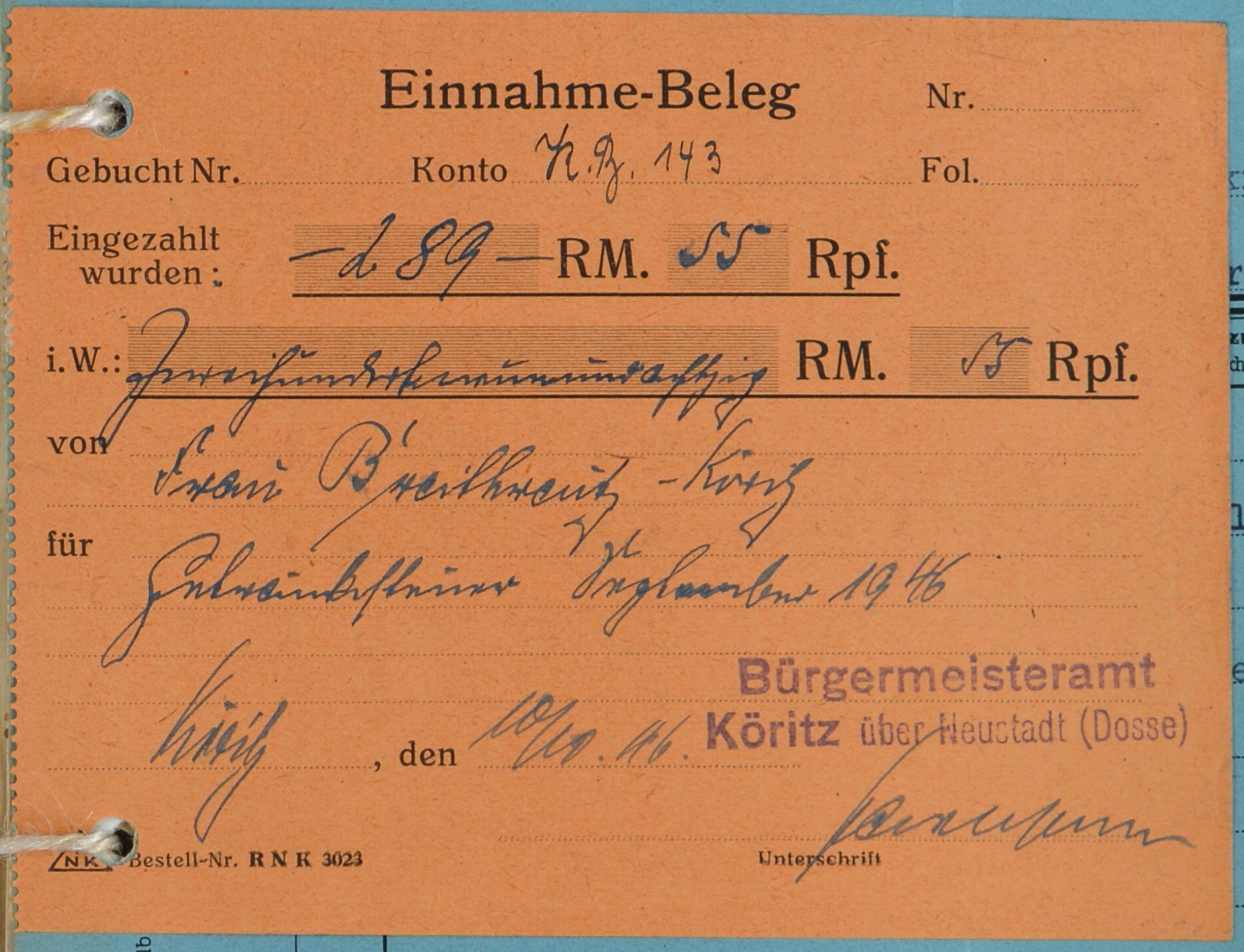 Einnahmebeleg von dem Bürgermeisteramt zu Köritz für Else Breitkreuz (DDR Geschichtsmuseum im Dokumentationszentrum Perleberg CC BY-SA)