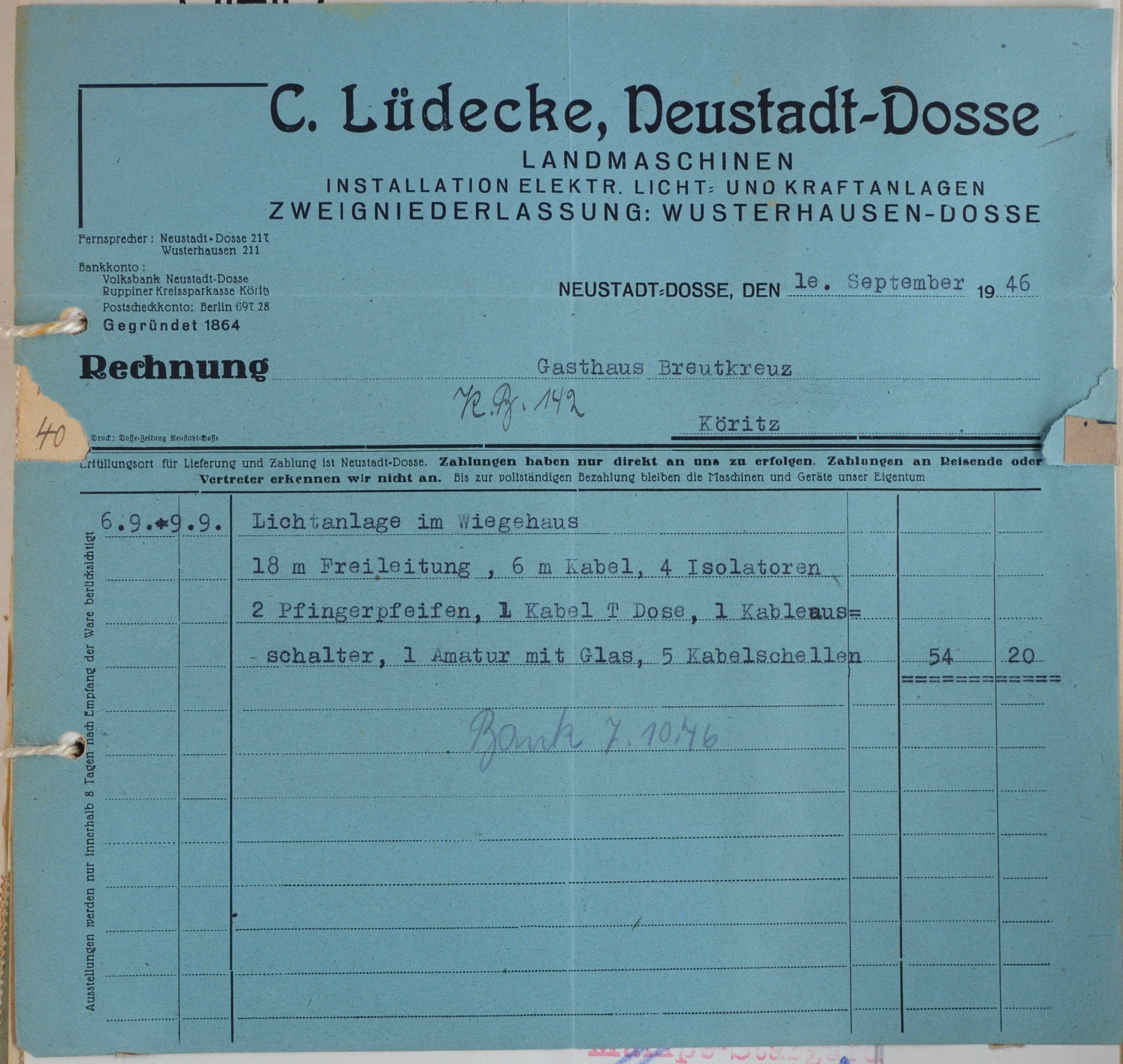 Rechnung von dem Elektriker C. Lüdecke aus Neustadt (Dosse) für Wilhelm Breitkreuz (DDR Geschichtsmuseum im Dokumentationszentrum Perleberg CC BY-SA)