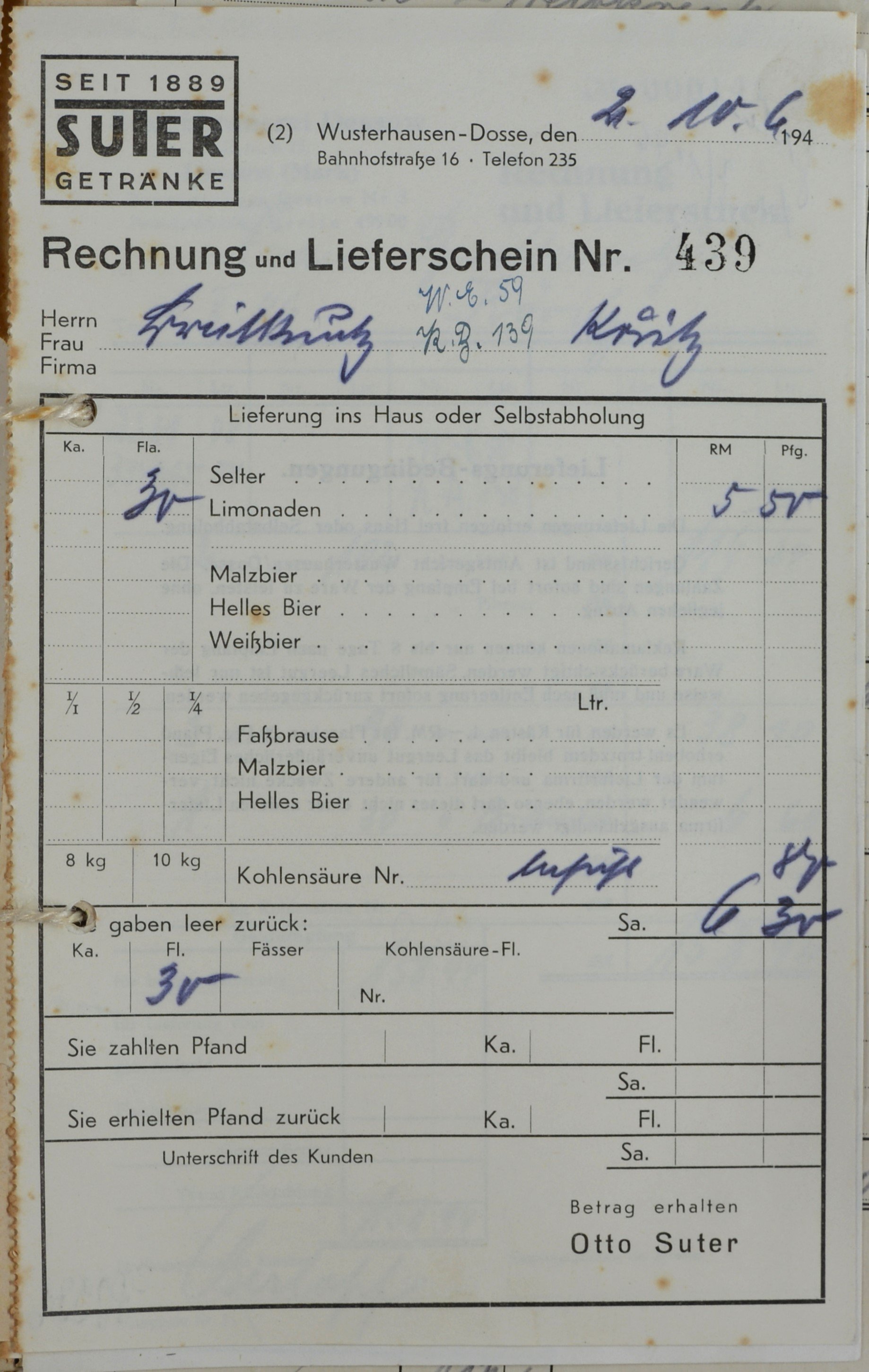 Rechnung von Otto Suter-Suter Getränke aus Wusterhausen (Dosse) für Wilhelm Breitkreuz (DDR Geschichtsmuseum im Dokumentationszentrum Perleberg CC BY-SA)