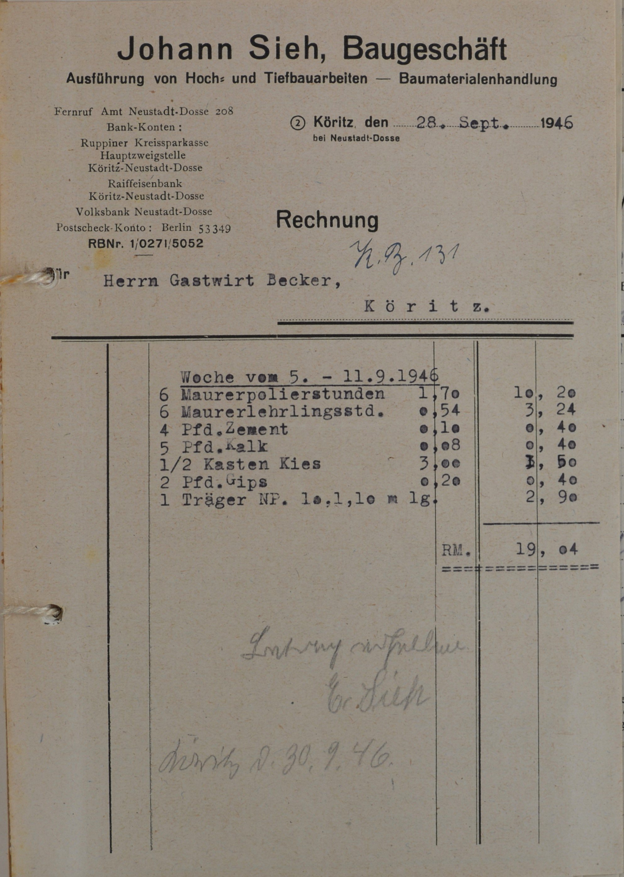 Rechnung von dem Bauunternehmer Johann Sieh aus Köritz für Wilhelm Breitkreuz (DDR Geschichtsmuseum im Dokumentationszentrum Perleberg CC BY-SA)