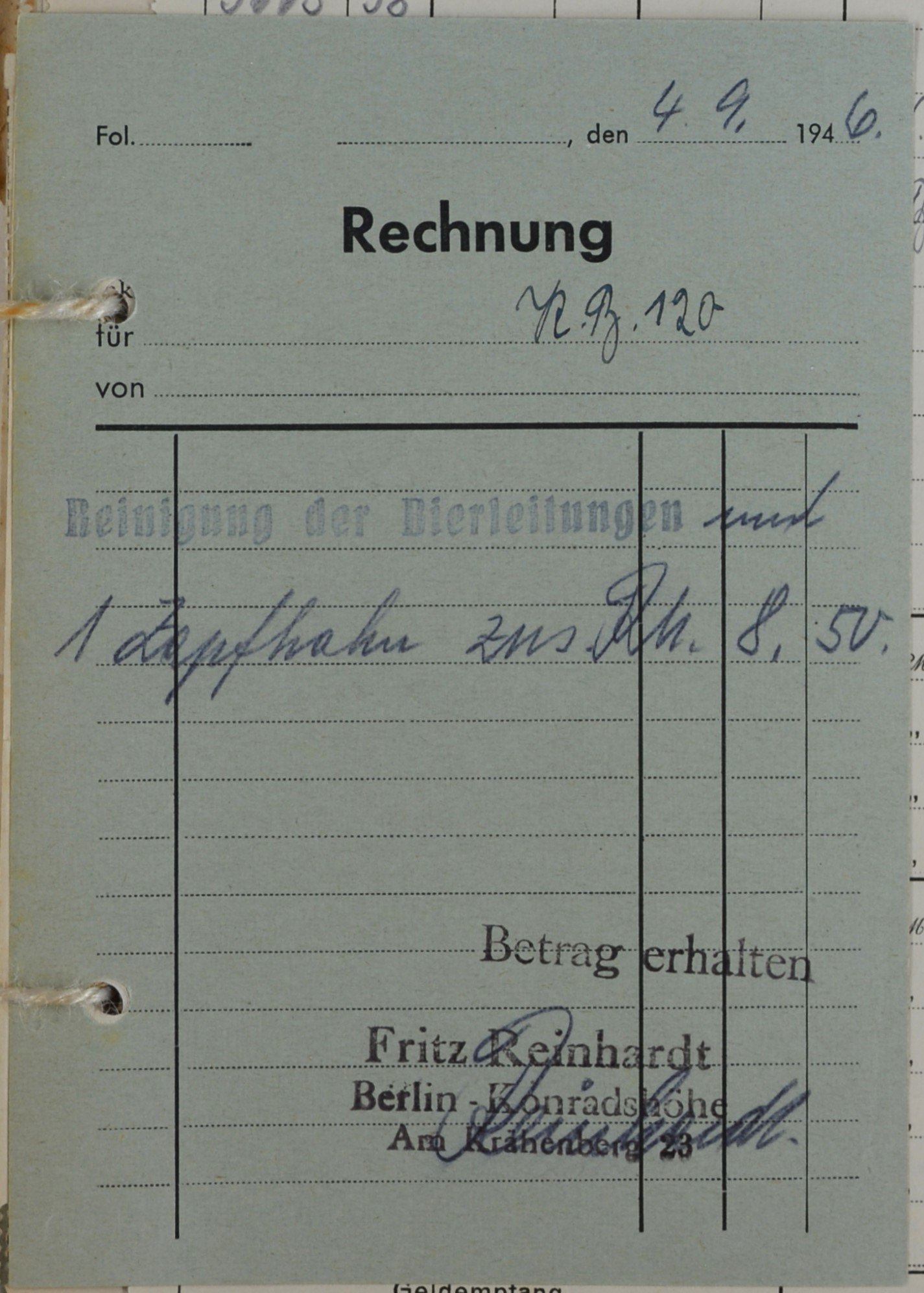 Rechnung von Fritz Reinhardt aus Berlin-Konradshöhe für Wilhelm Breitkreuz (DDR Geschichtsmuseum im Dokumentationszentrum Perleberg CC BY-SA)