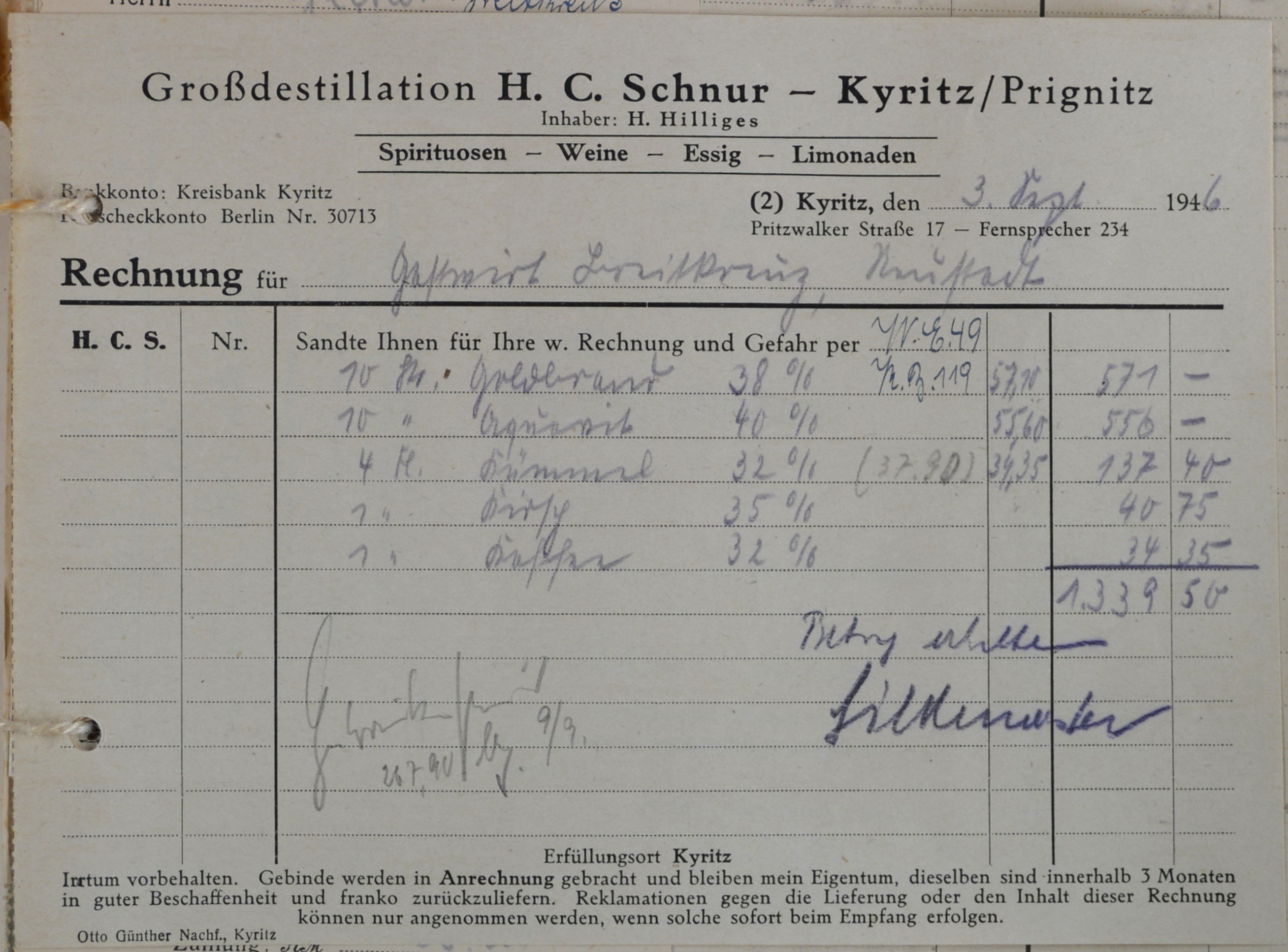 Rechnung von der Großdestillation H. C. Schnur, Inhaber H. Hilliges, aus Kyritz für Wilhelm Breitkreuz (DDR Geschichtsmuseum im Dokumentationszentrum Perleberg CC BY-SA)