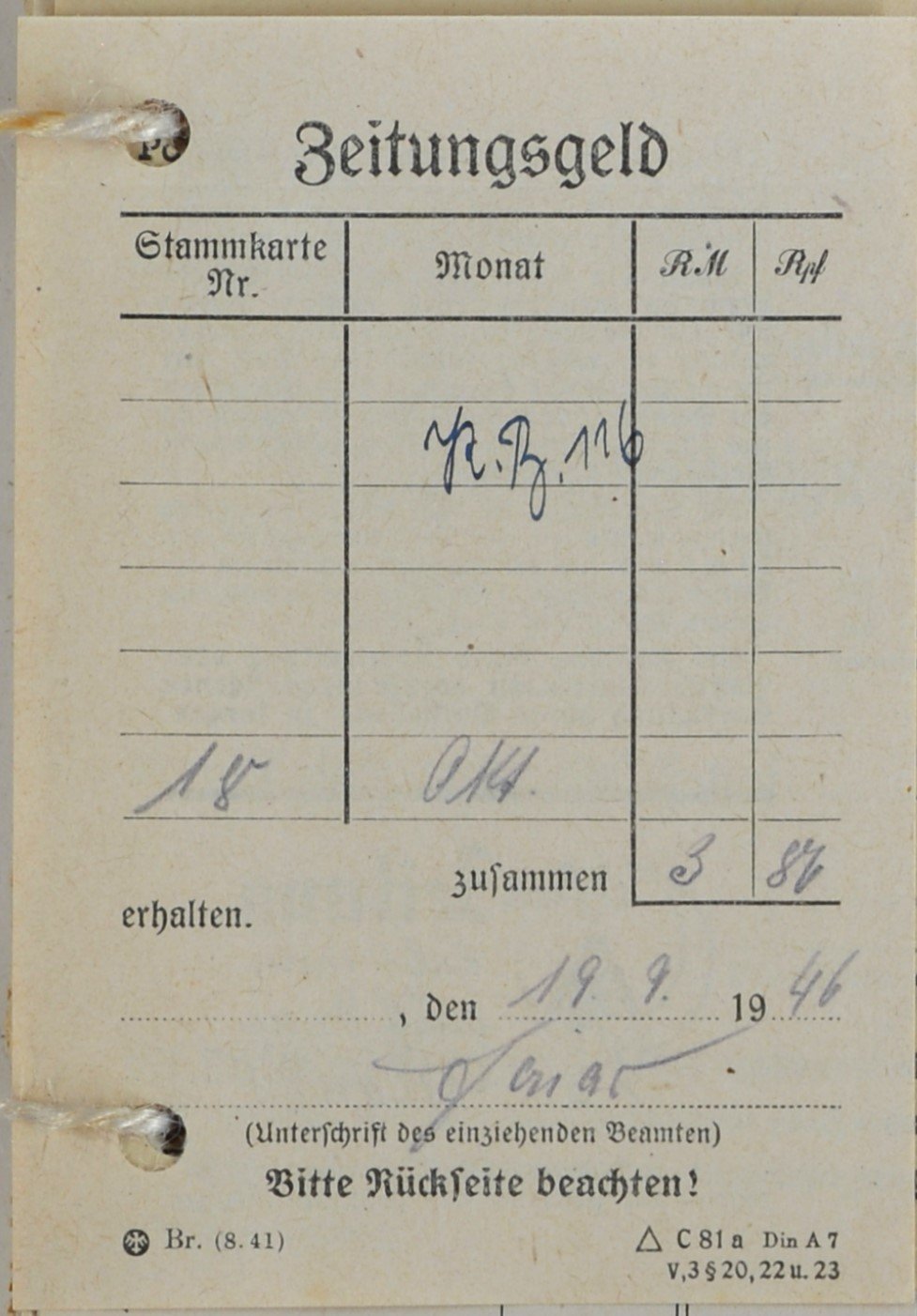 Rechnung von der Gebührenstelle für Wilhelm Breitkreuz (DDR Geschichtsmuseum im Dokumentationszentrum Perleberg CC BY-SA)